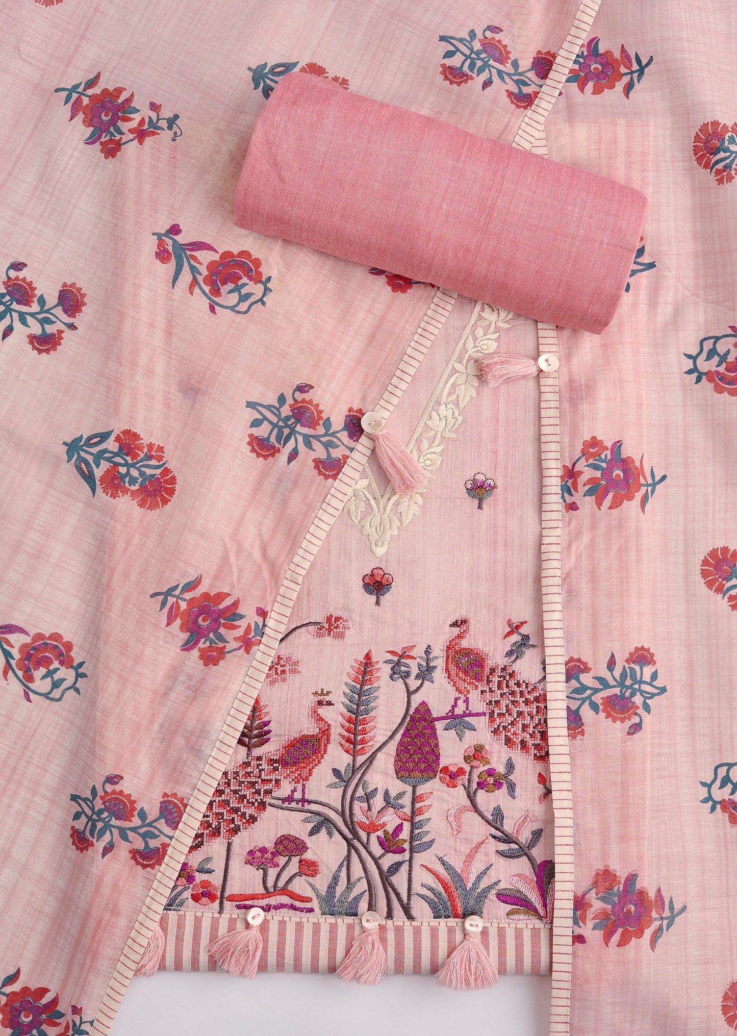 Pink Cotton Embroidered Unstitched Suit Set With Dupatta