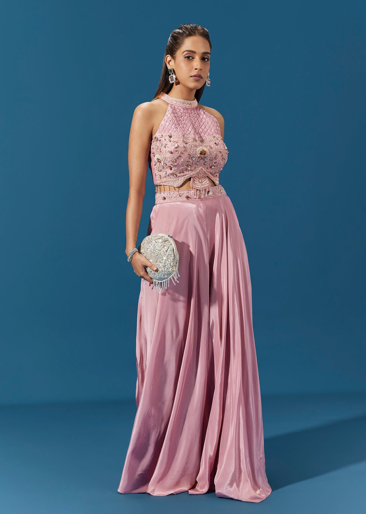 Pink Crepe Crop Top Palazzo Set With Smocked Embellished Bodice
