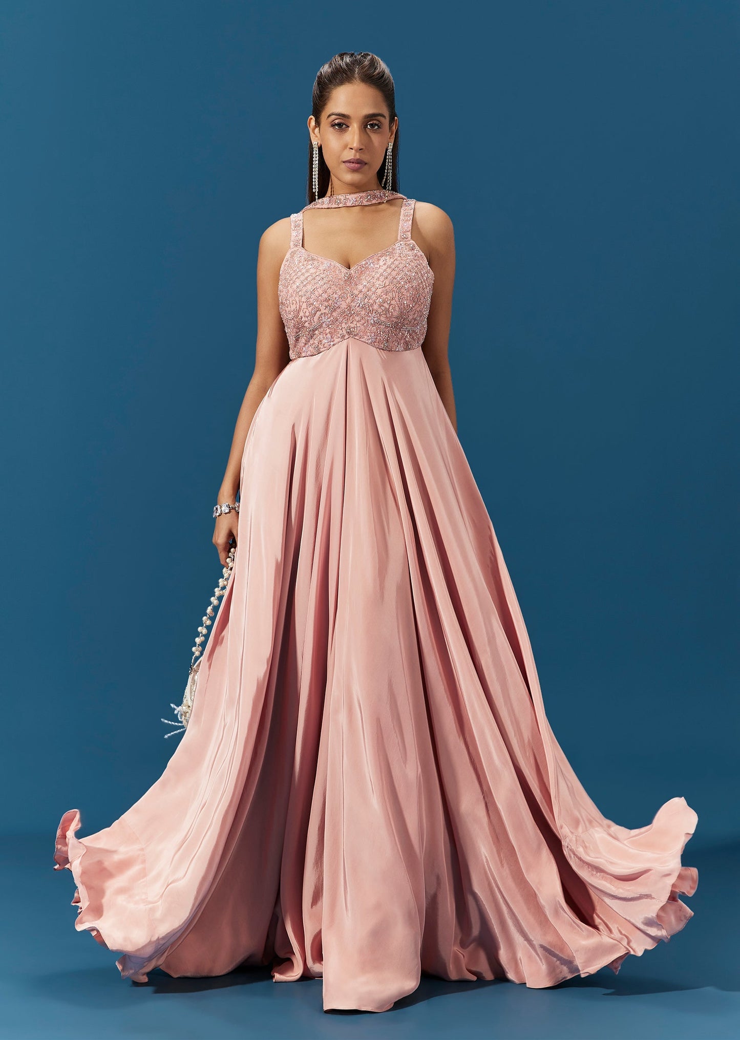 Pink Crepe Embellished Jumpsuit With Choker Dupatta