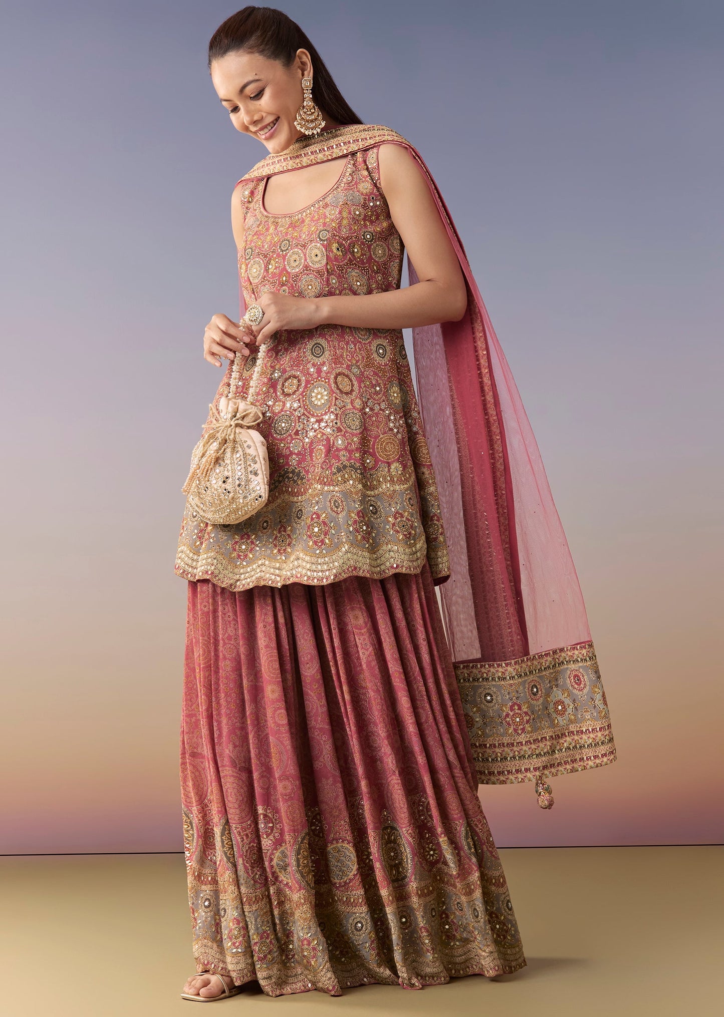 Pink Floral Printed Palazzo Set With Dupatta