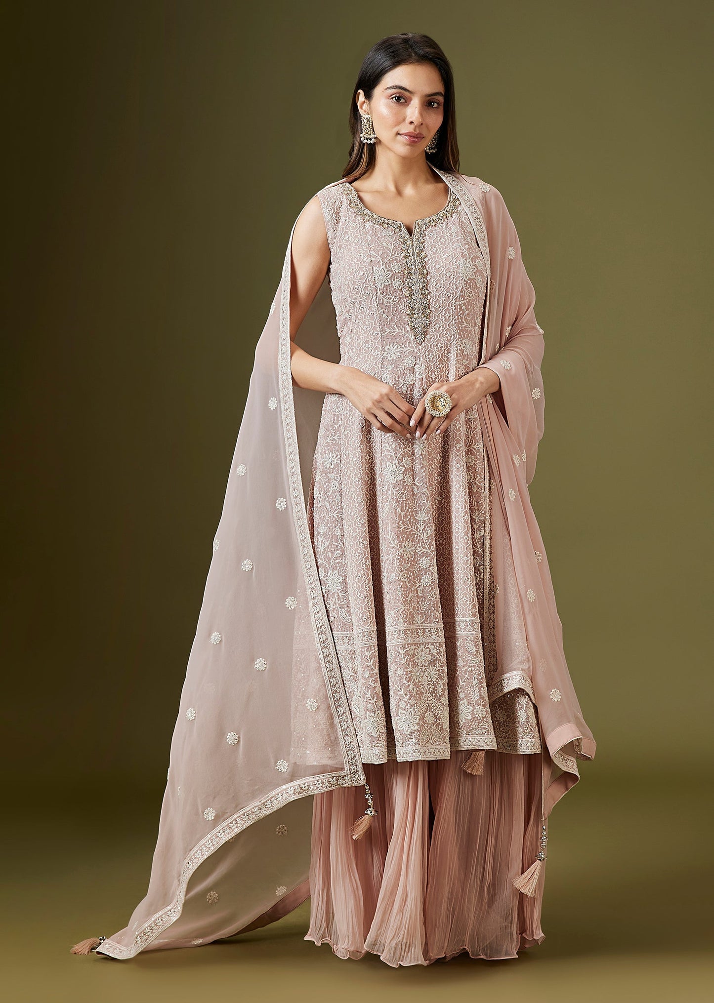 Blush Pink Lucknowi Georgette Palazzo Set With Tassled Dupatta