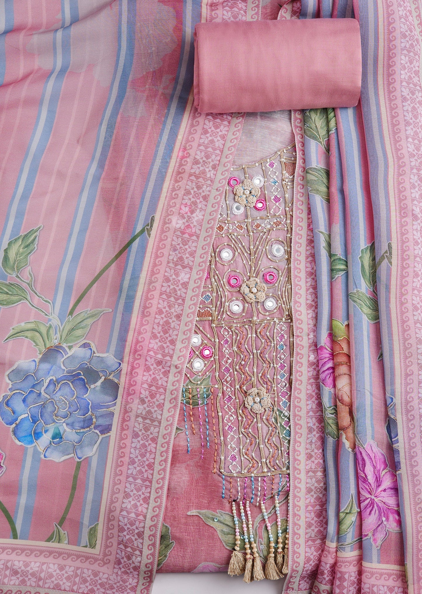 Pink Muslin Embroidered Unstitched Suit Set With Dupatta