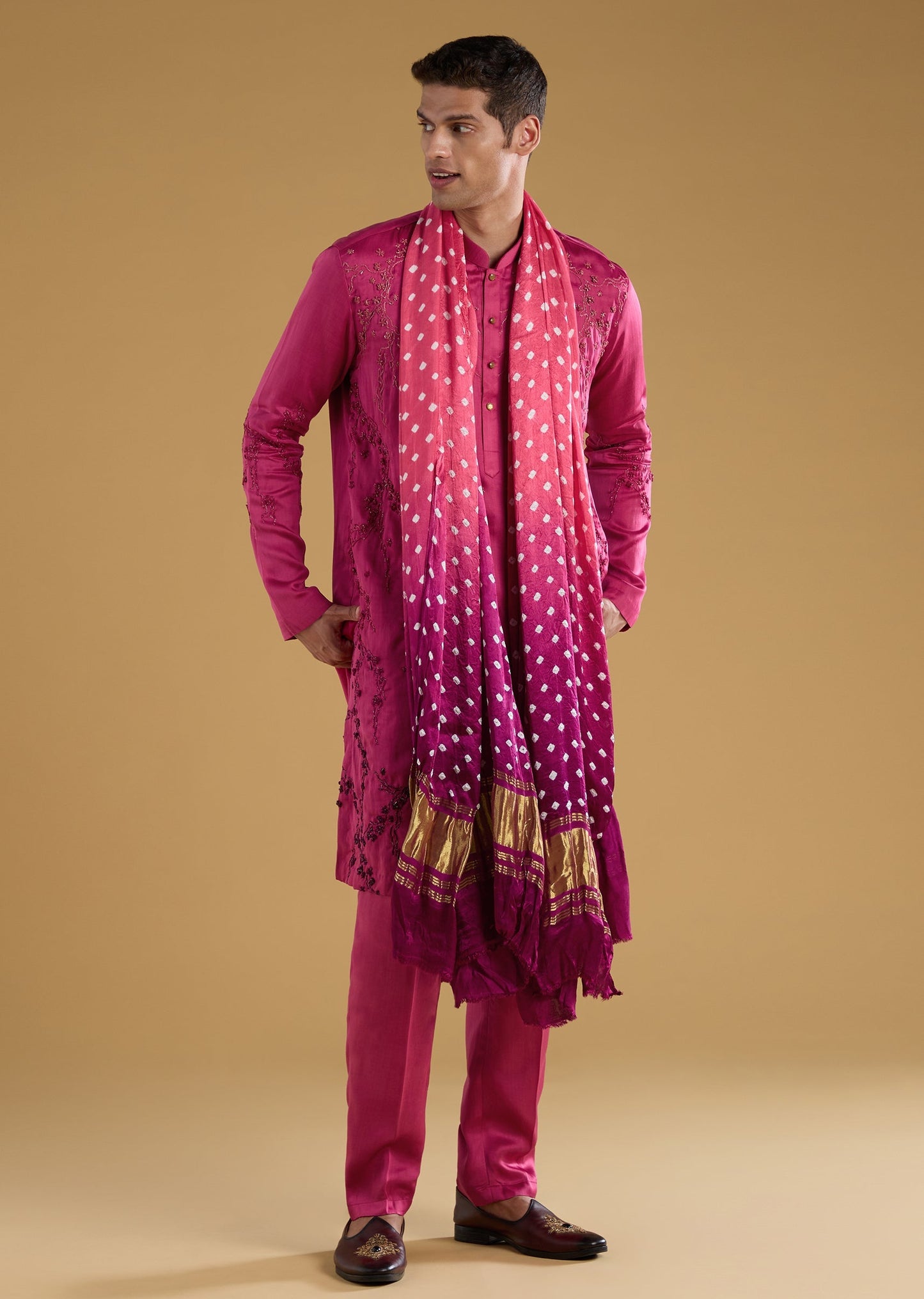 Pink Ombre Hand Dyed Bandhani Silk Dupatta
