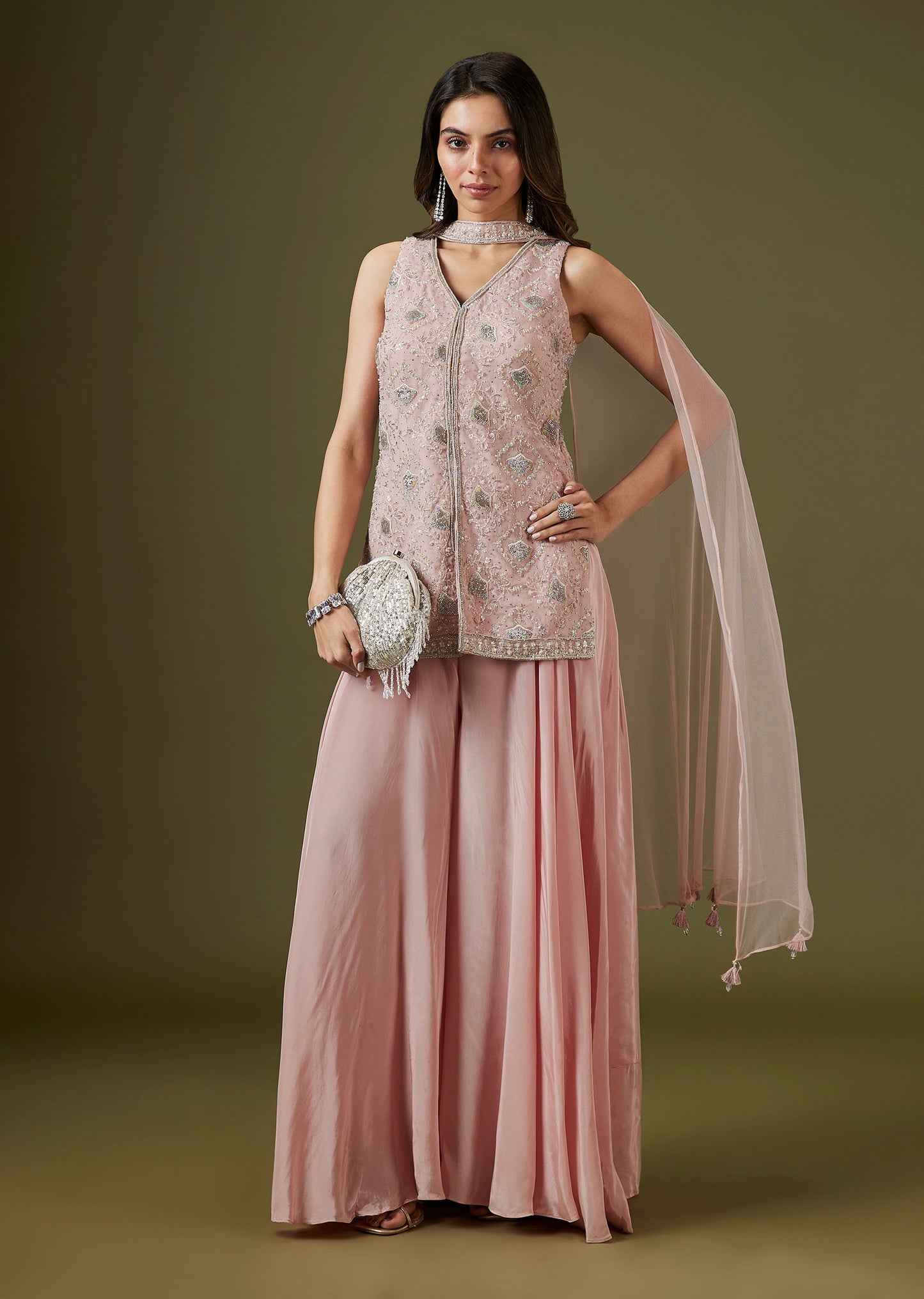 Pink Hand Embellished Organza Palazzo Set With Choker Dupatta