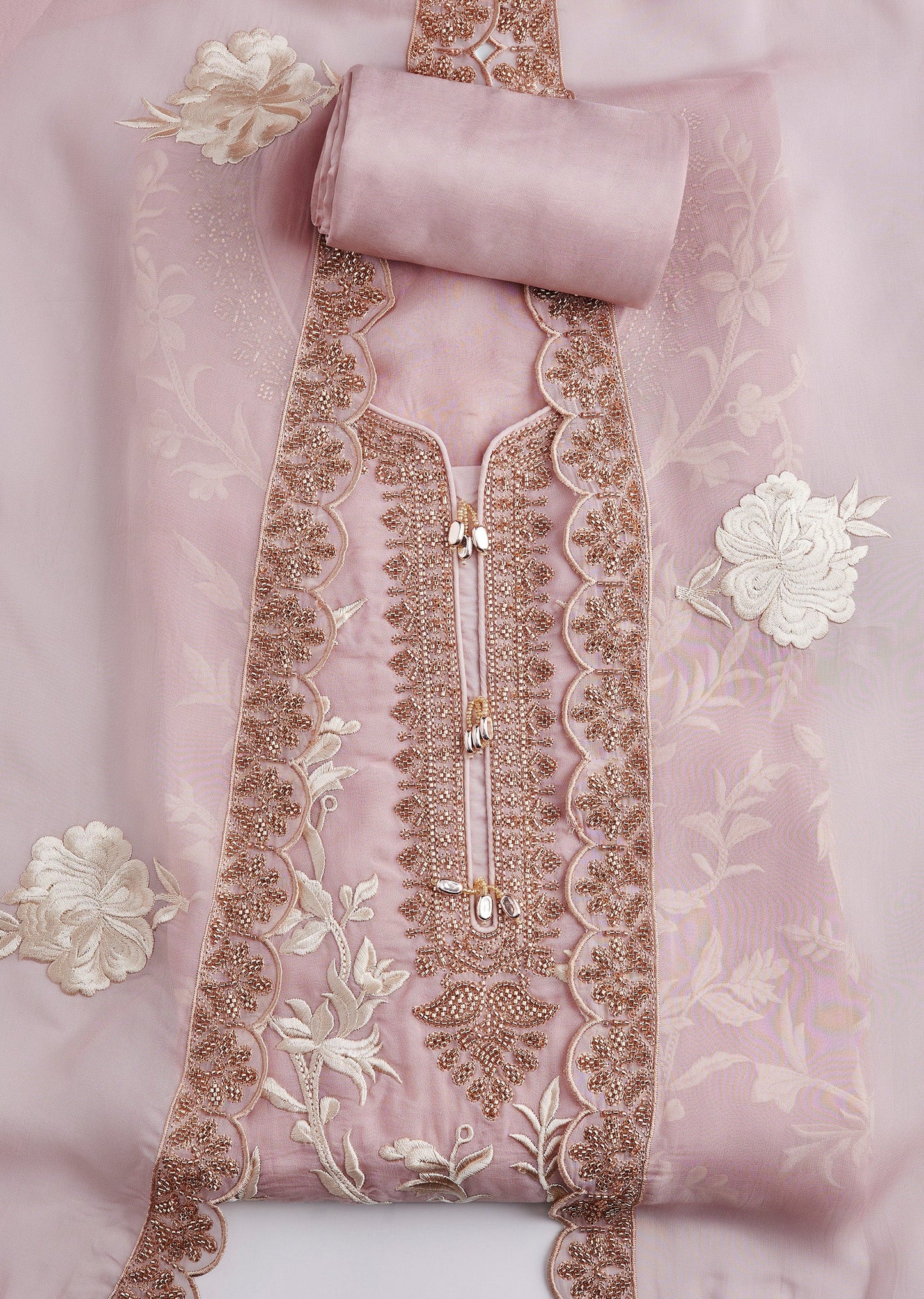 Pink Organza Embroidered Unstitched Suit Set With Dupatta