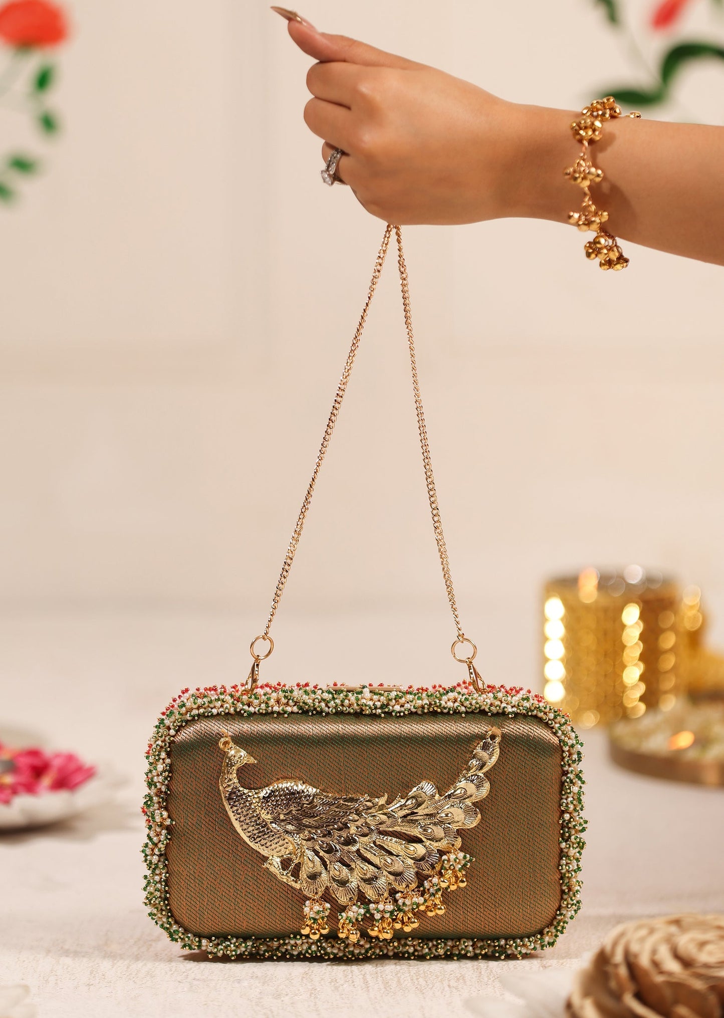 Pink Peacock Brocade Clutch With Gold Embellishments