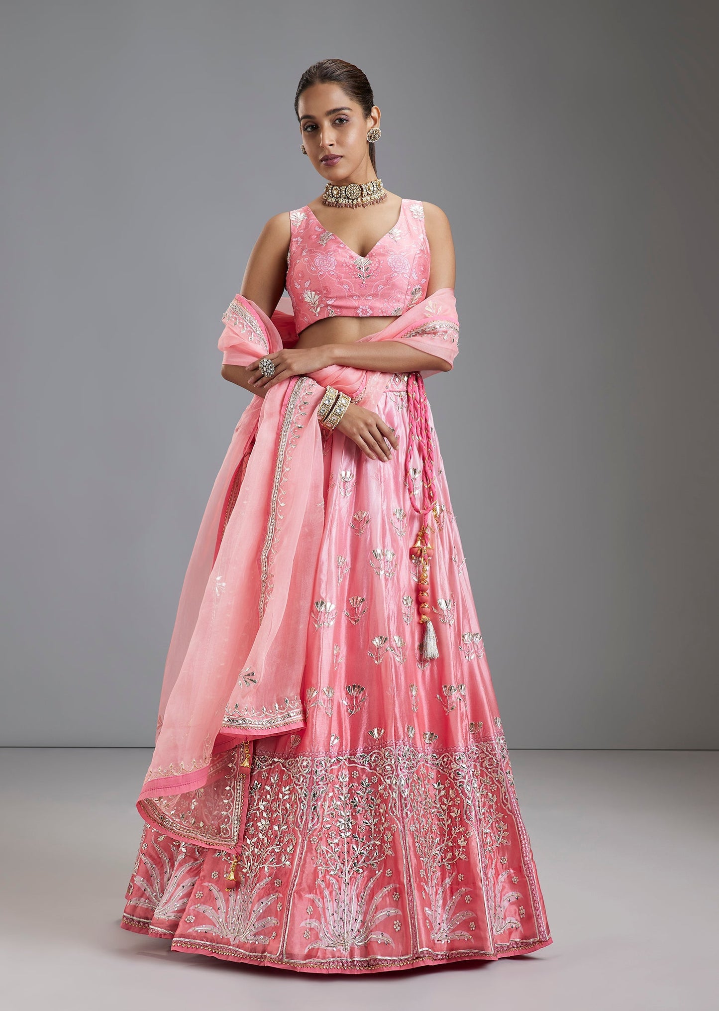 Pink Russian Silk Ombre Lehenga With Printed V Neck Choli And Gotta Work