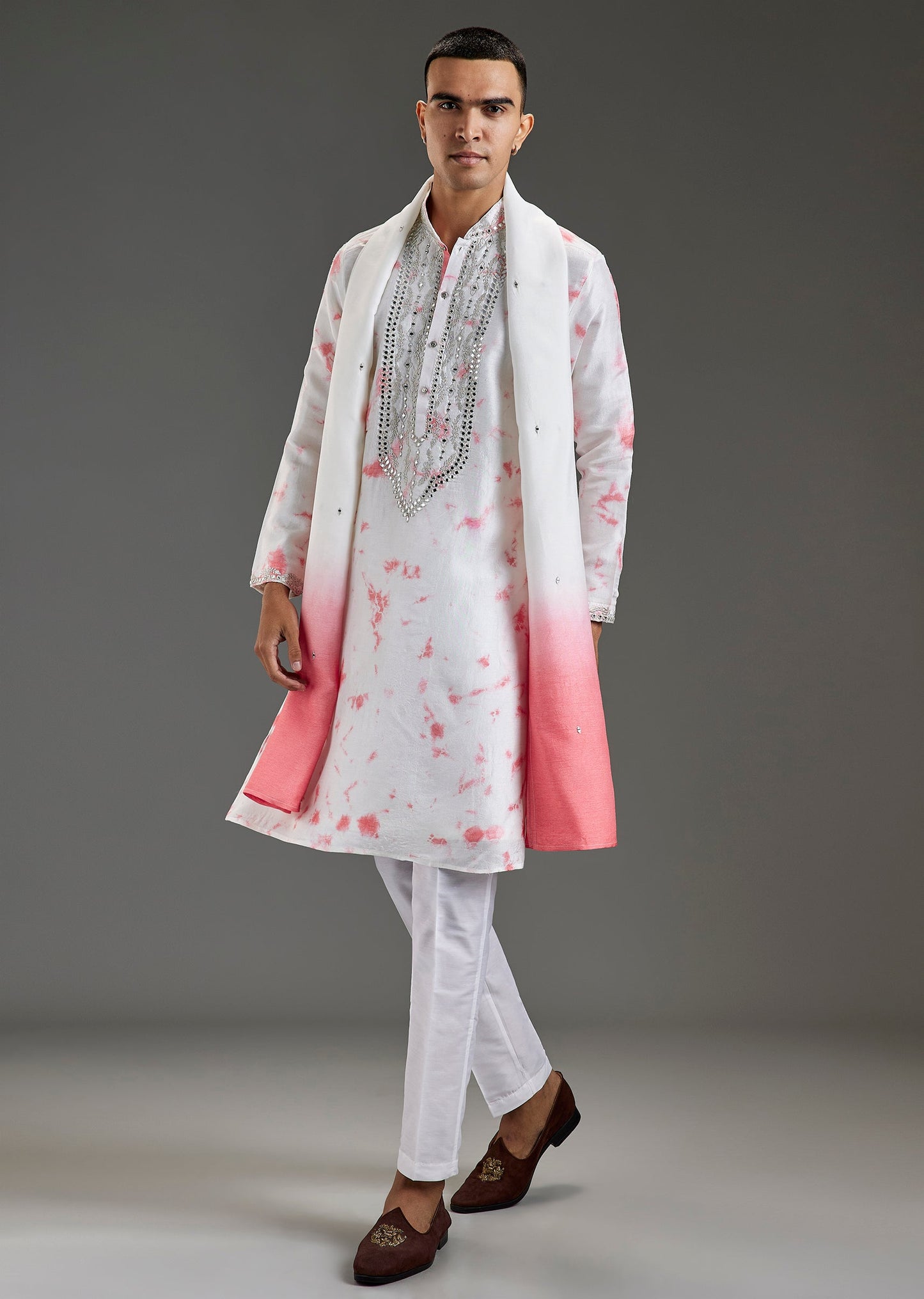 Pink Silk Kurta Set With Mirror Work Yoke And Ombre Dupatta
