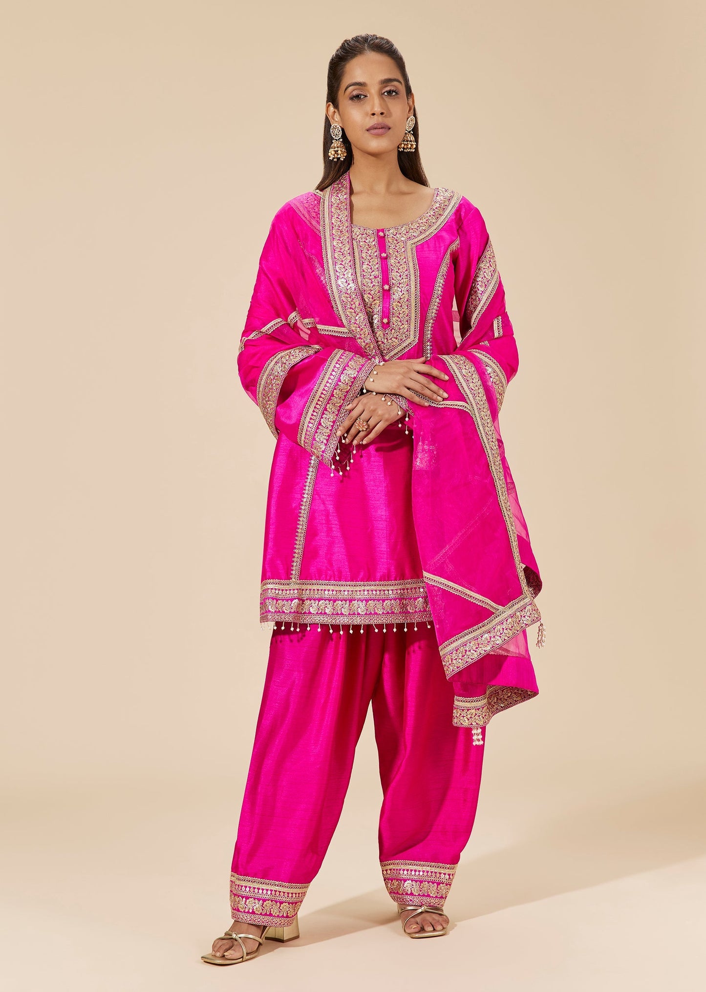 Pink Silk Kurta Set With Zari Sequin And Gotta Embroidery