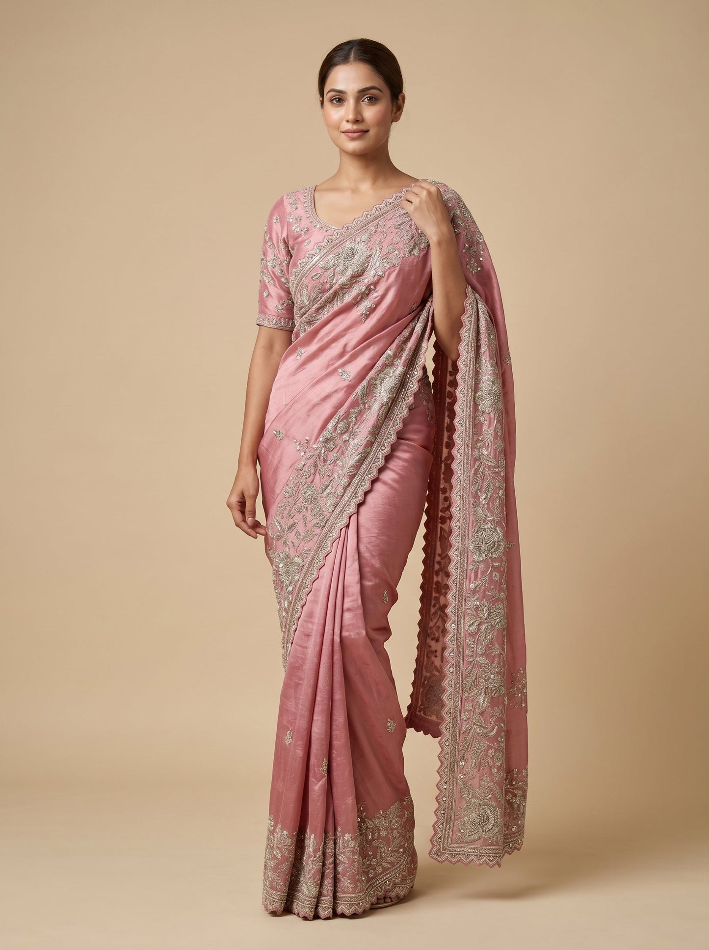 Pink Silver Fusion Saree