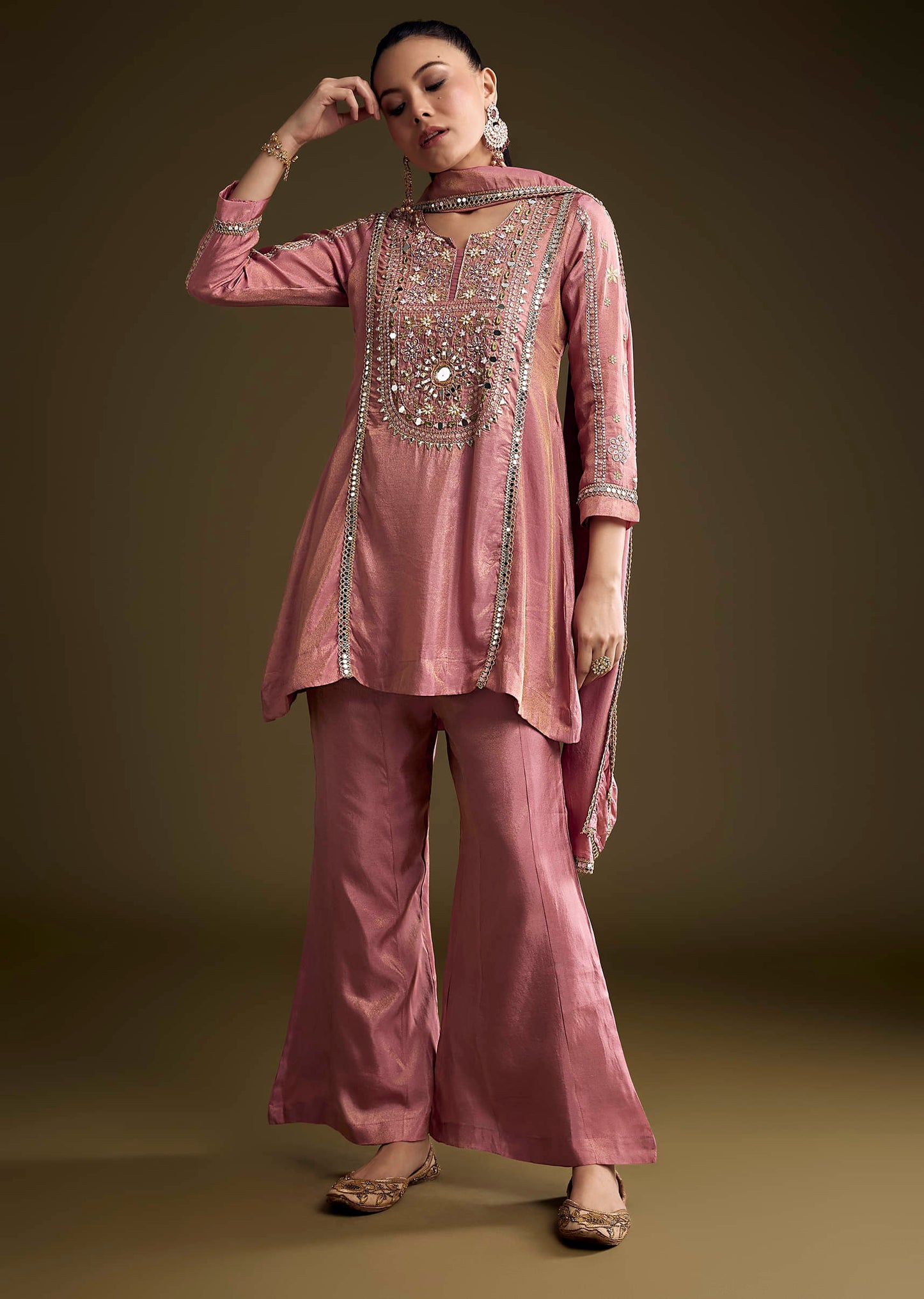 Onion Pink Tissue Bootcut Palazzo Suit Set With Mirror And Zari Embroidery