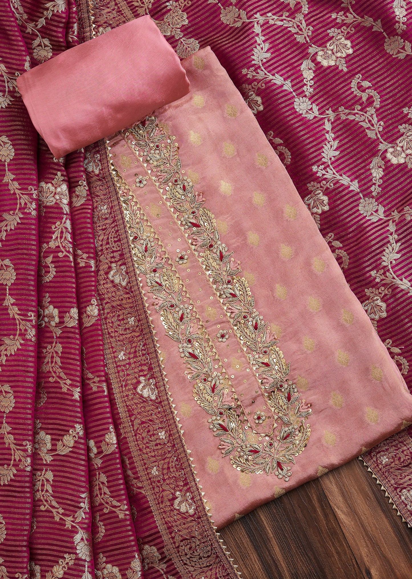 Pink Tissue Unstitched Suit with Contrast Dupatta