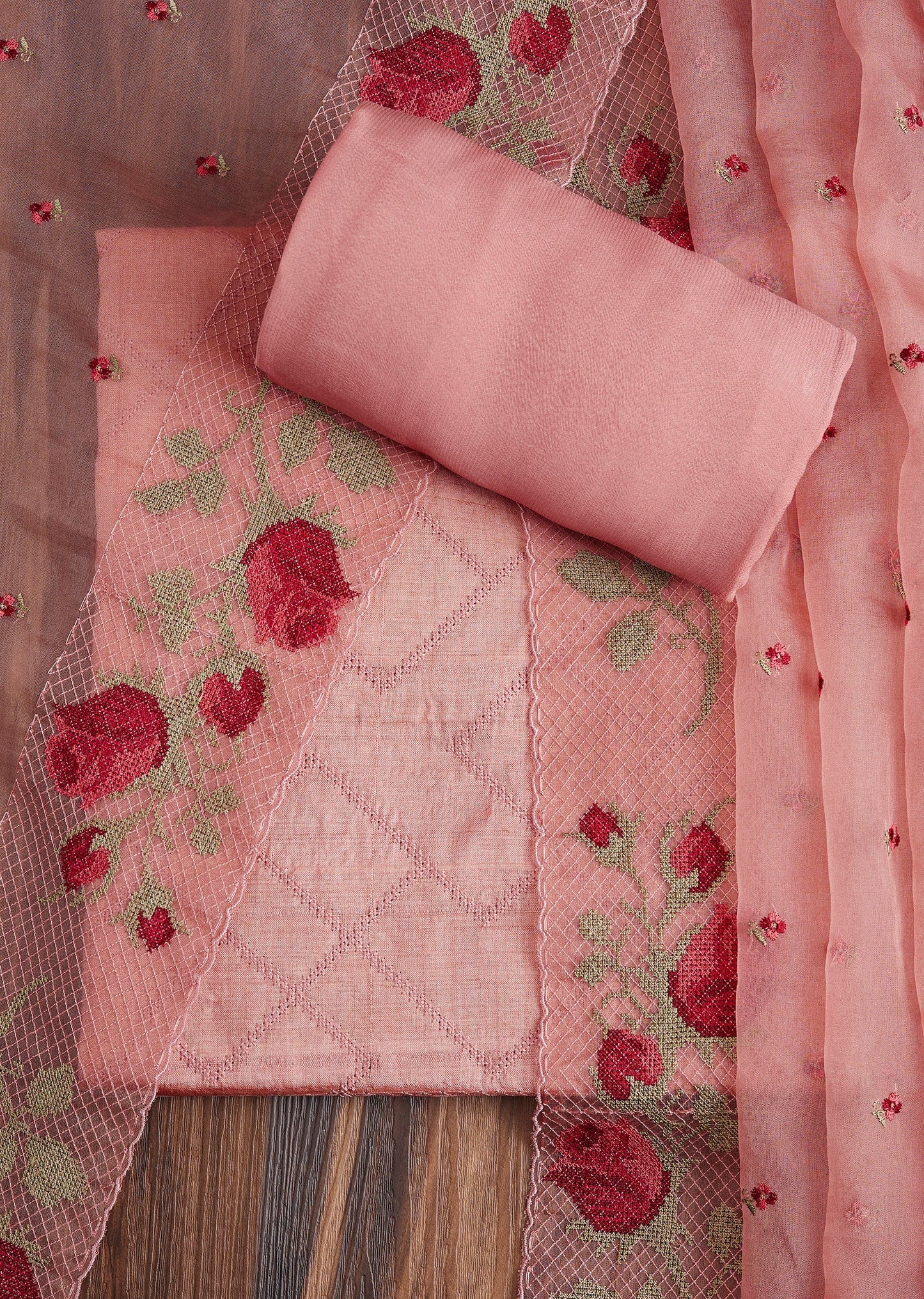 Pink Tussar Embroidered Dress Material Suit