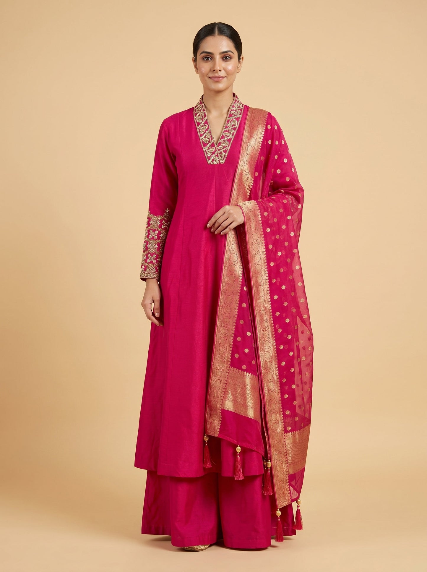 Pink V-Neck Silk Anarkali Pant Set With Dupatta