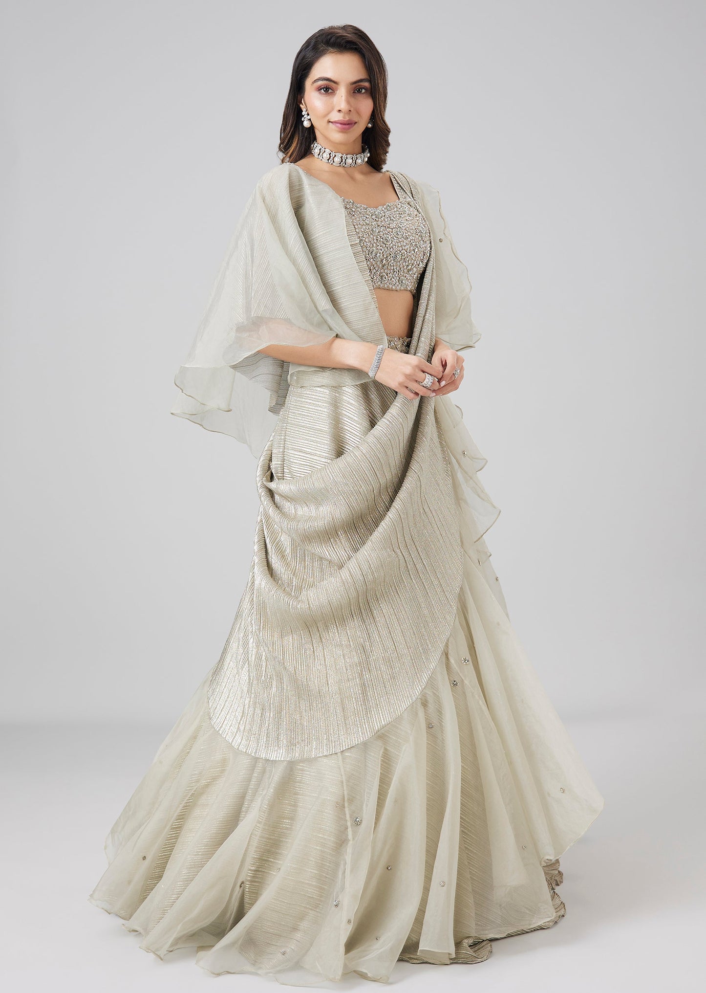 Pista Green Drape Style Fusion Lehenga With Belt