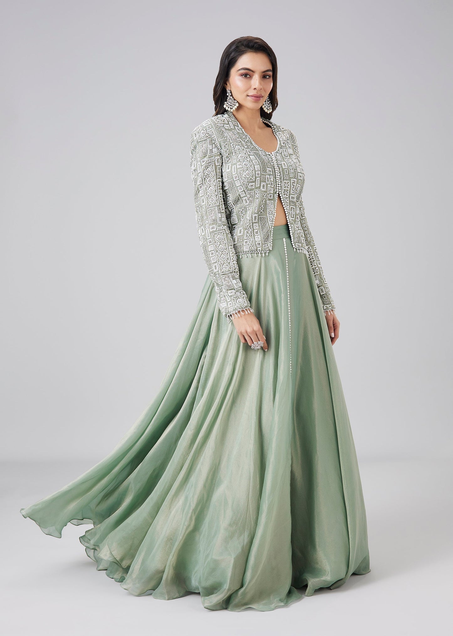 Pista Green Embellished Kurta Lehenga Set