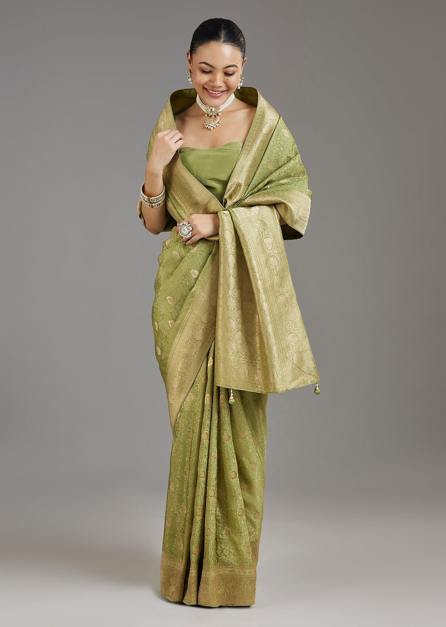 Pista Green Jacquard Dola Silk Saree