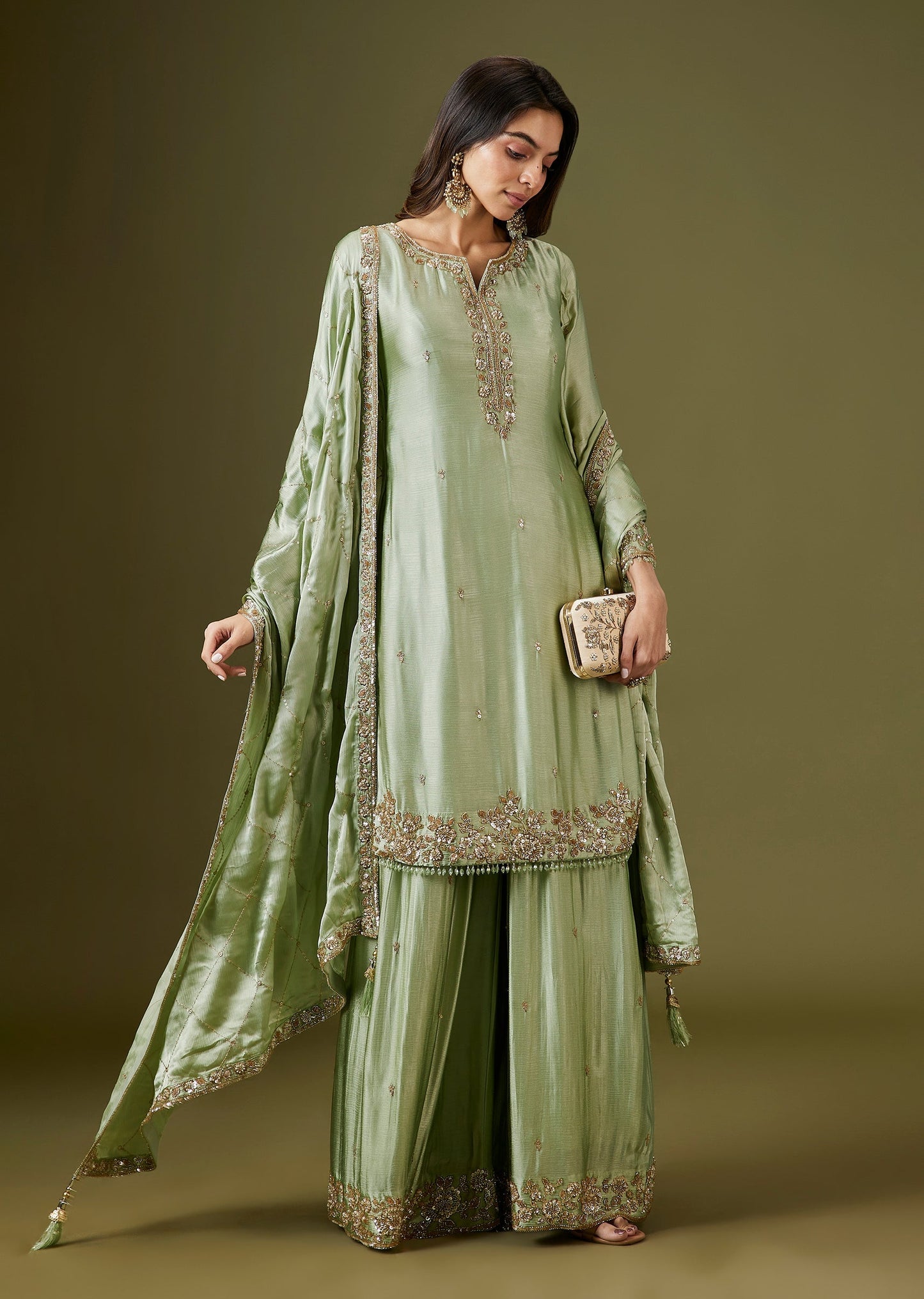Pista Green Satin Embellished Kurta Set With Pleated Palazzo