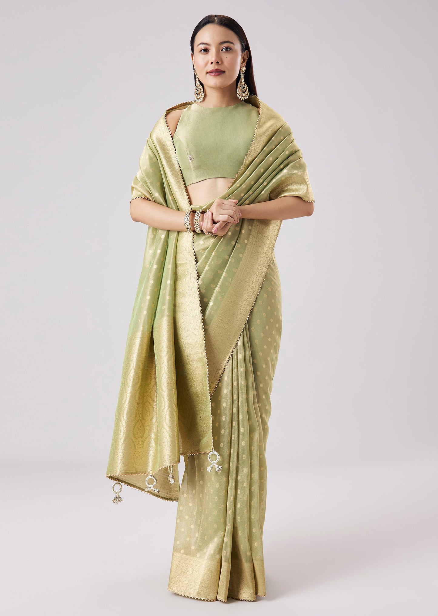 Pista Green Woven Tassel Border Saree With Unstitched Blouse
