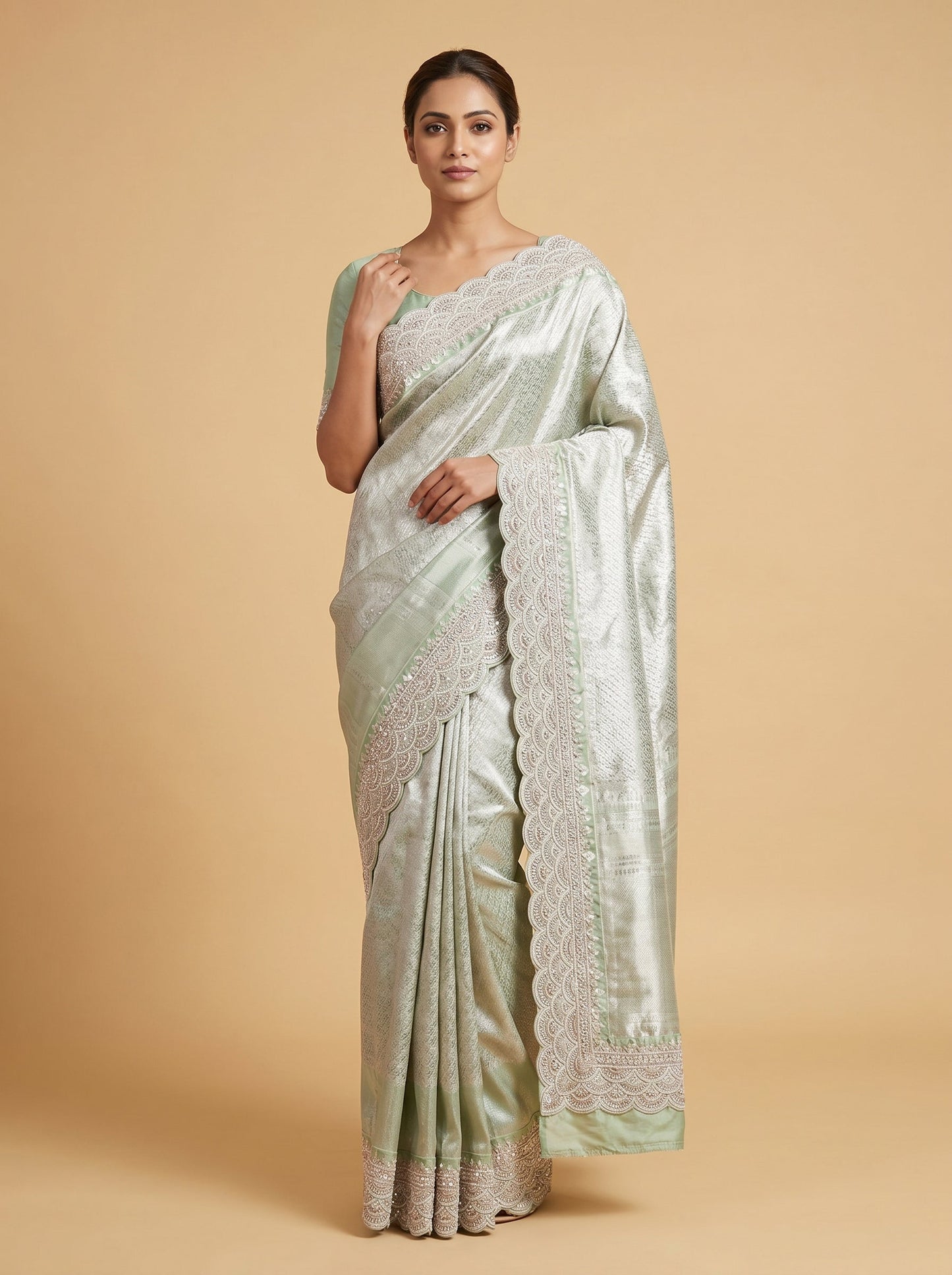 Pista Mint Meadow Embroidered Saree
