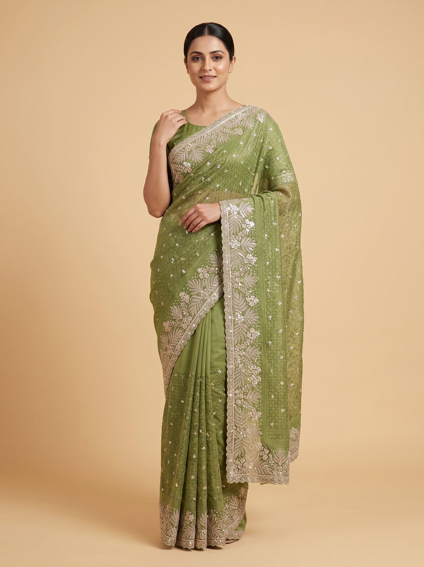 Pistachio Green Embroidered Saree