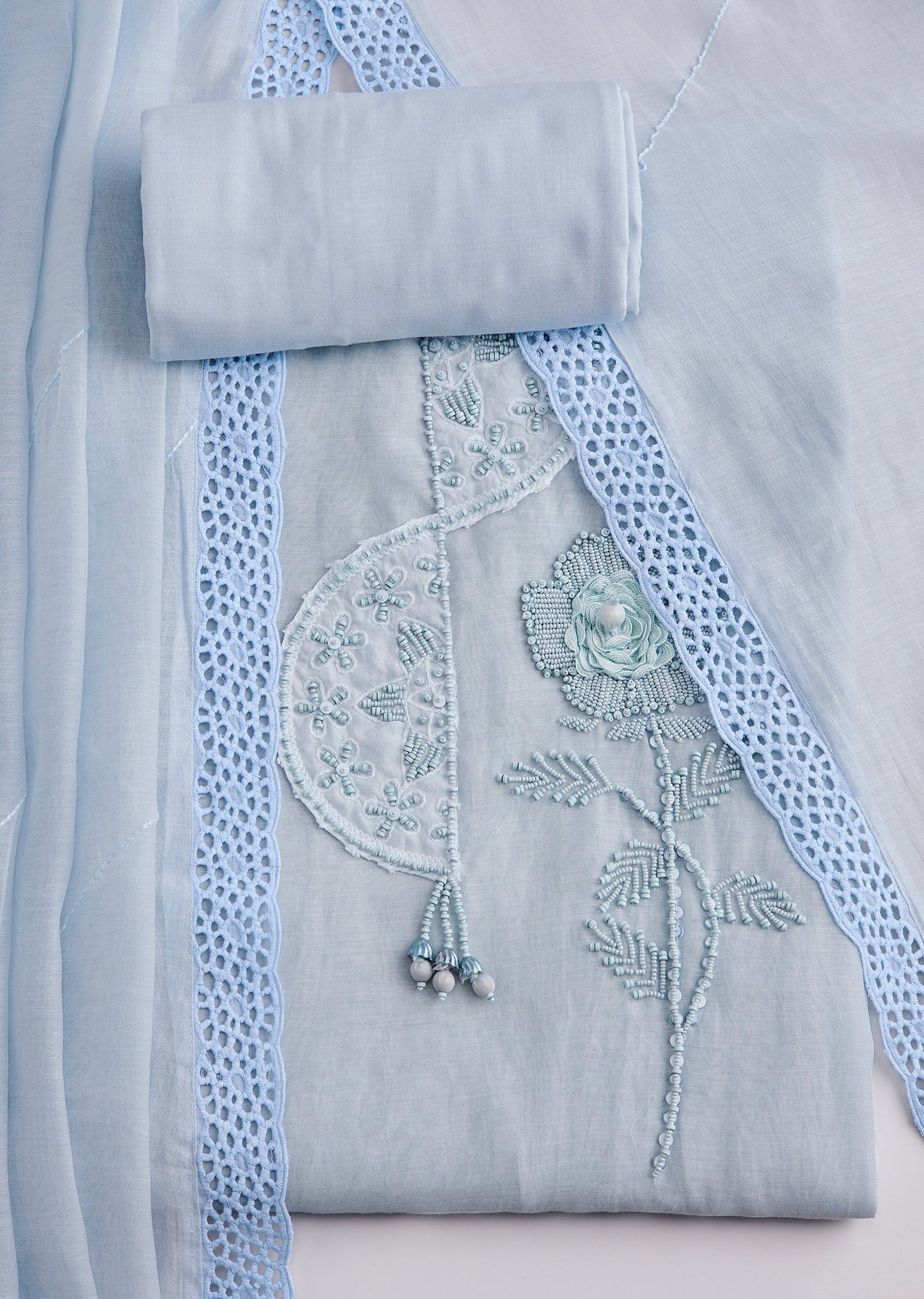 Powder Blue Cotton Lace Work Unstitched Suit Set With Dupatta
