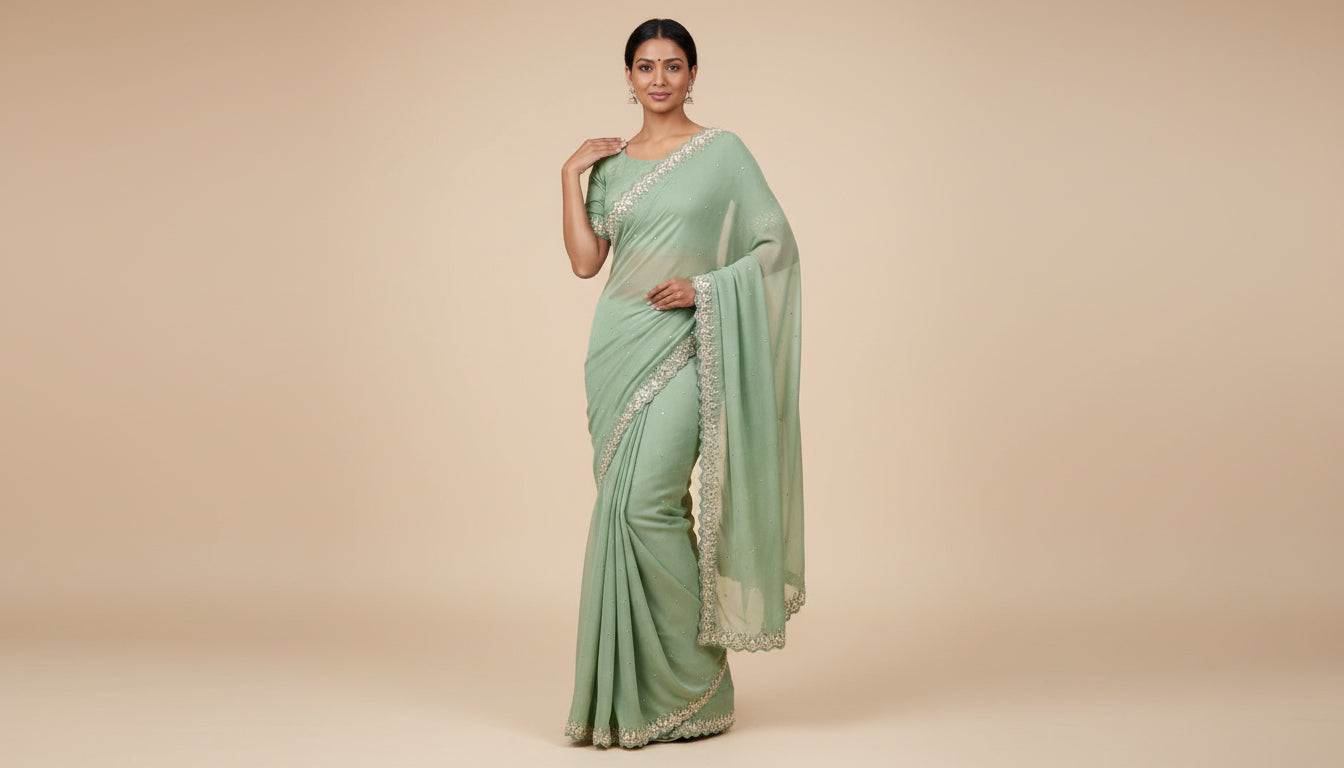 Powder Green Dewy Embroidered Saree