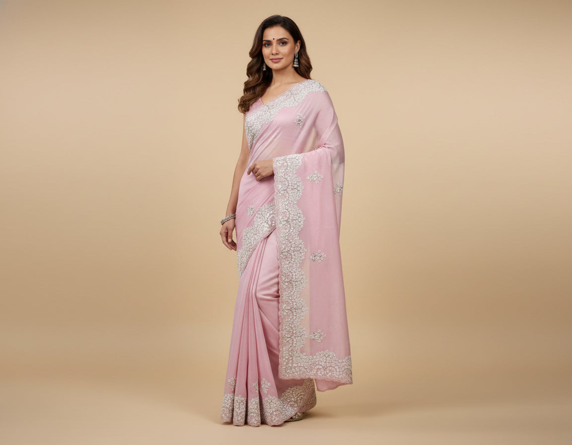 Powder Pink Rosy Embroidered Saree