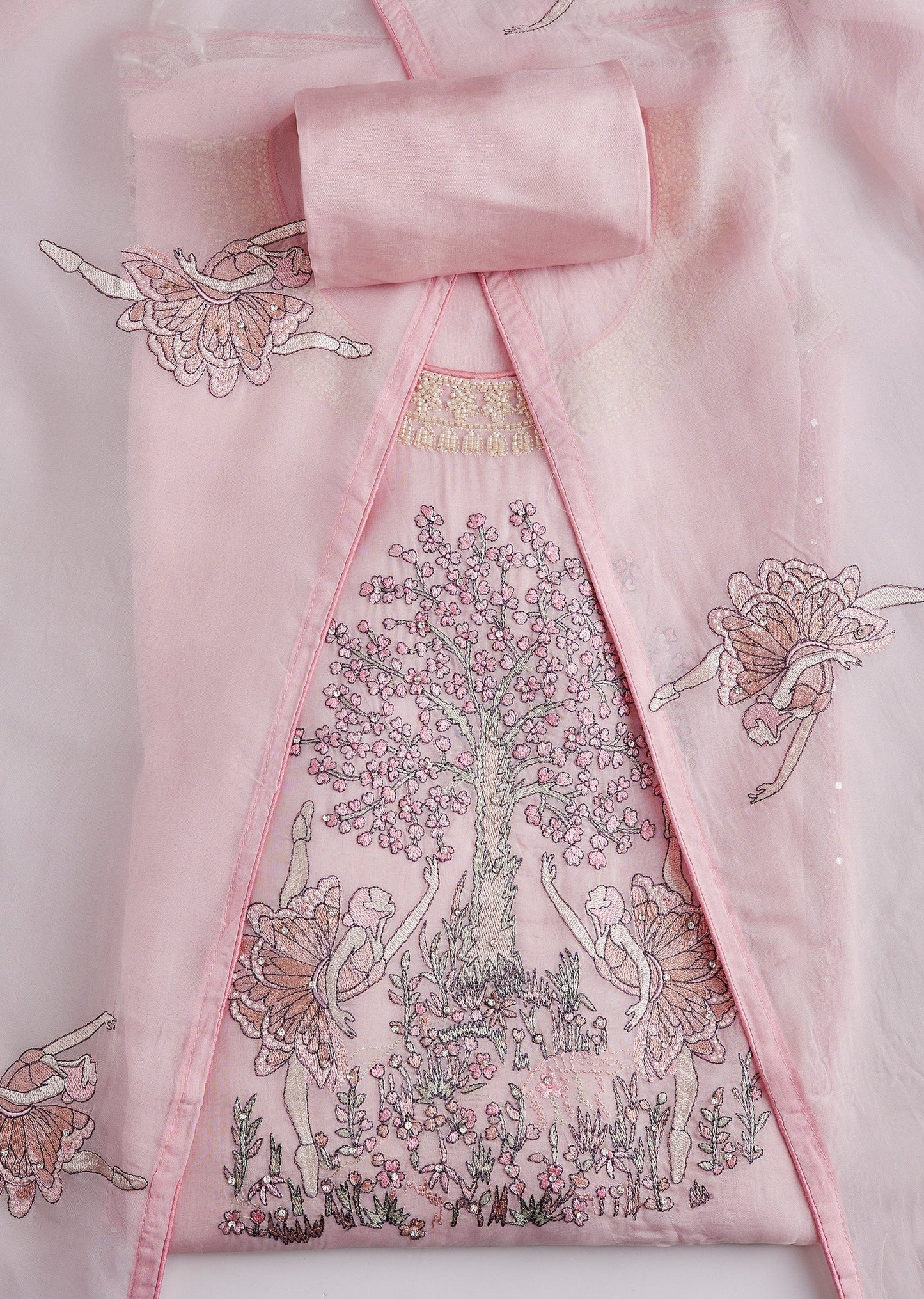 Powder Pink Embroidered Cotton Unstitched Suit Set With Dupatta