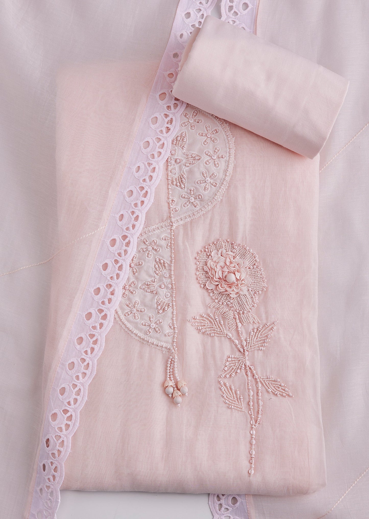 Powder Pink Cotton Lace Work Unstitched Suit Set With Dupatta