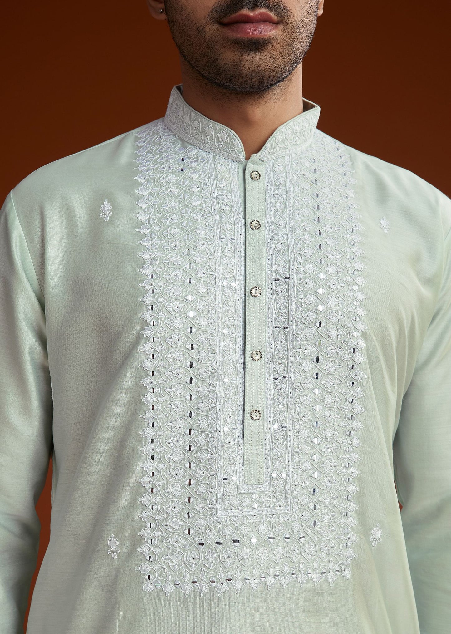 Powder Pista Green Silk Kurta Set With Resham Embroidery