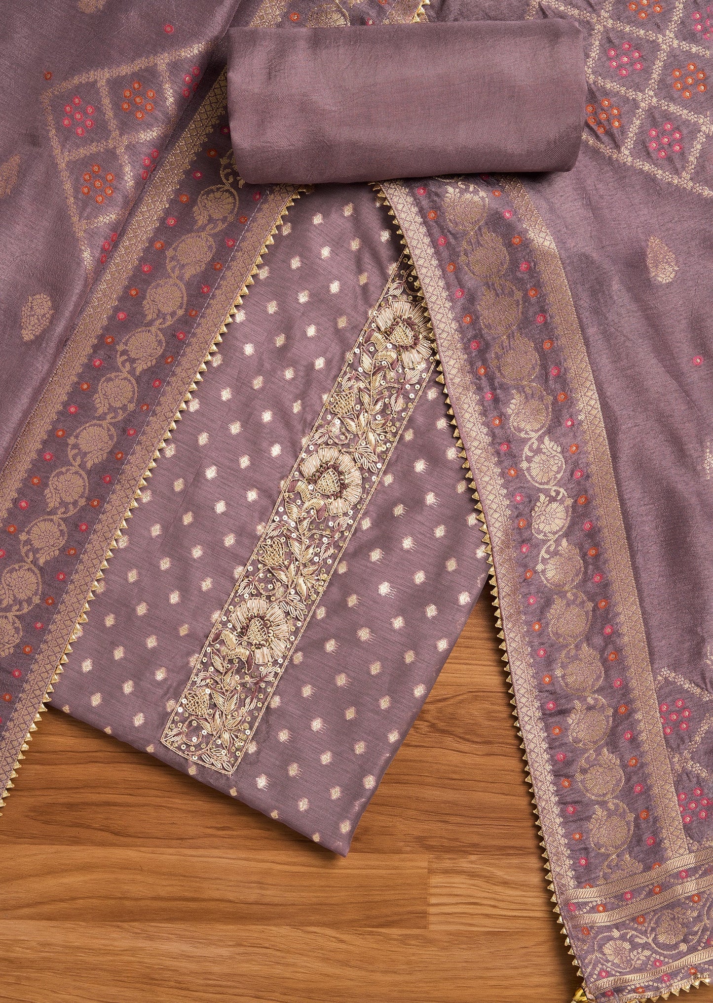 Purple Chanderi Unstitched Suit With Dupatta