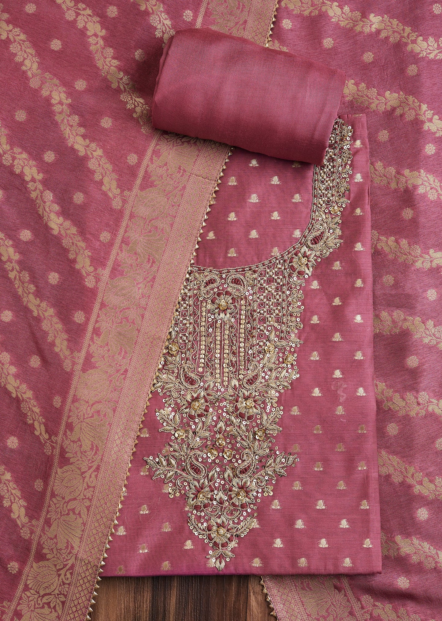 Purple Embroidered Chanderi Unstitched Suit