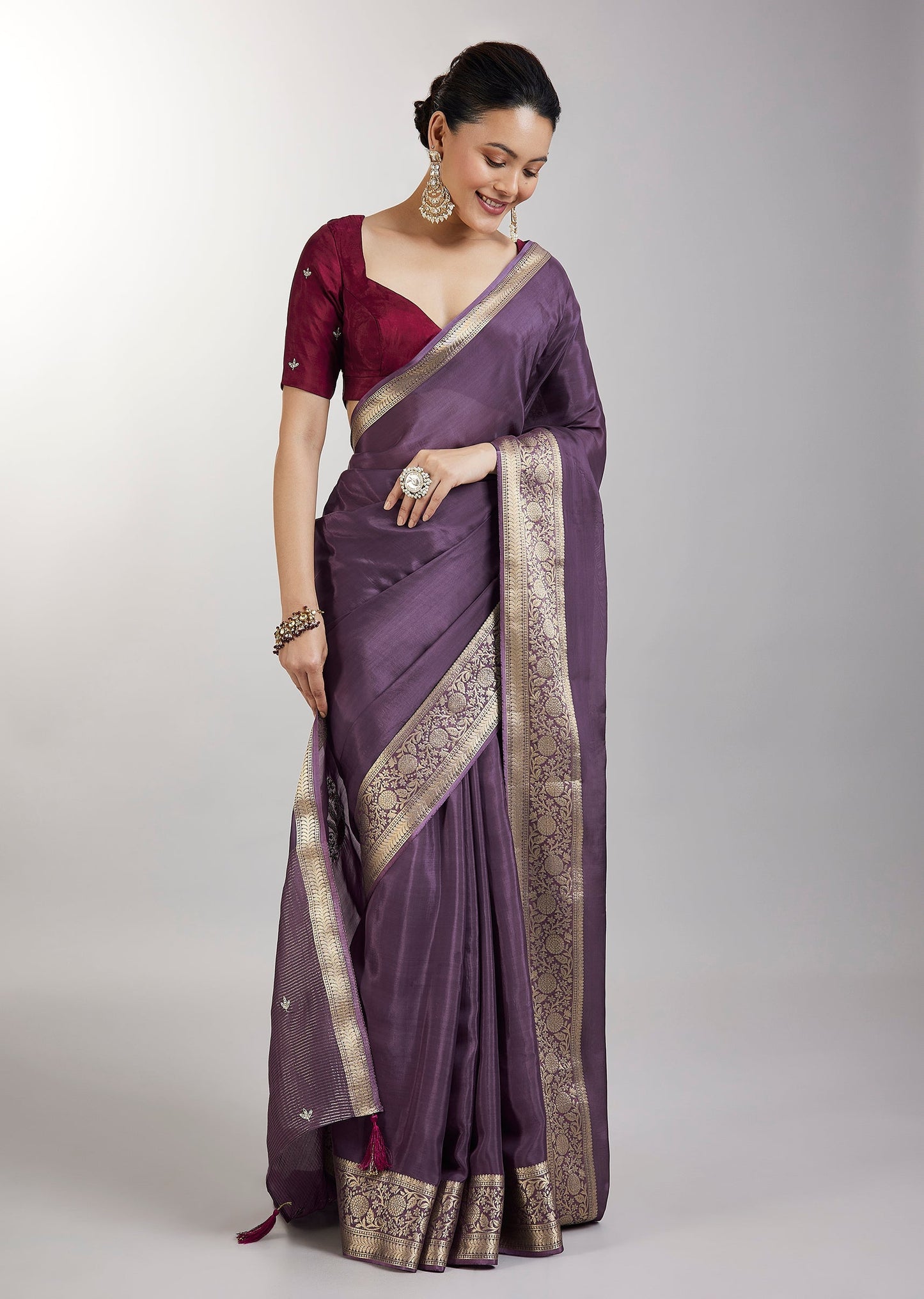 Purple Embroidered Crepe Saree