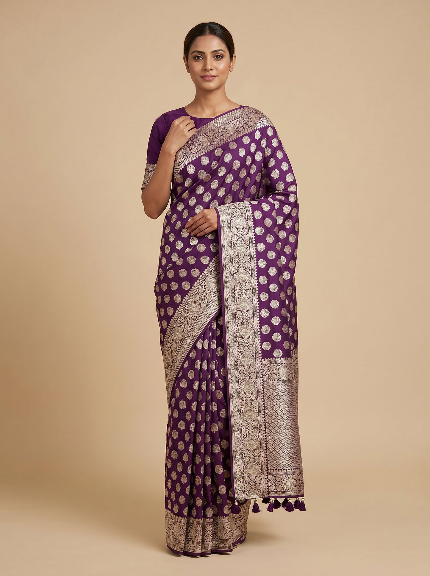 Purple embroidered saree with detailed motifs