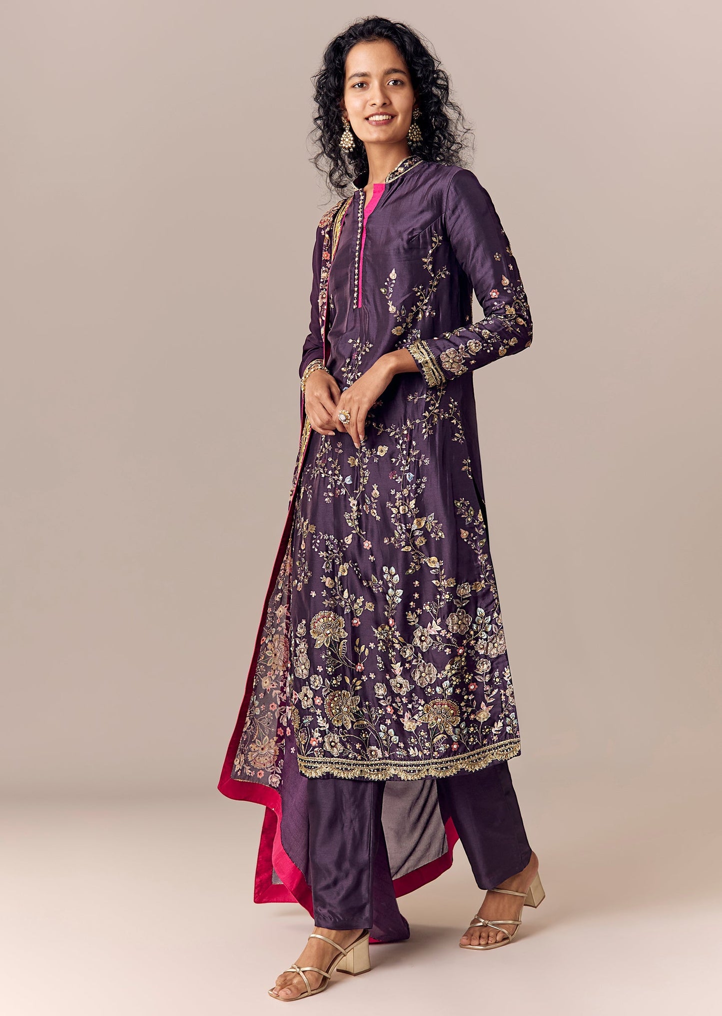 Purple Floral Printed Kurta Pant Set With Dupatta