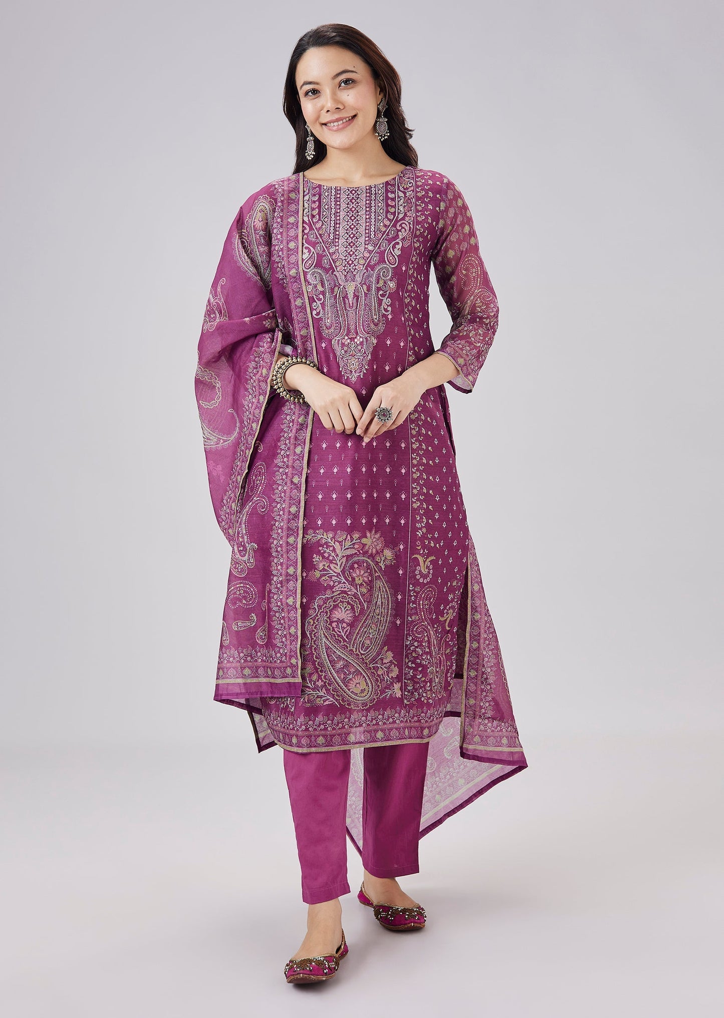 Purple Paisley Print Chanderi Kurta Set