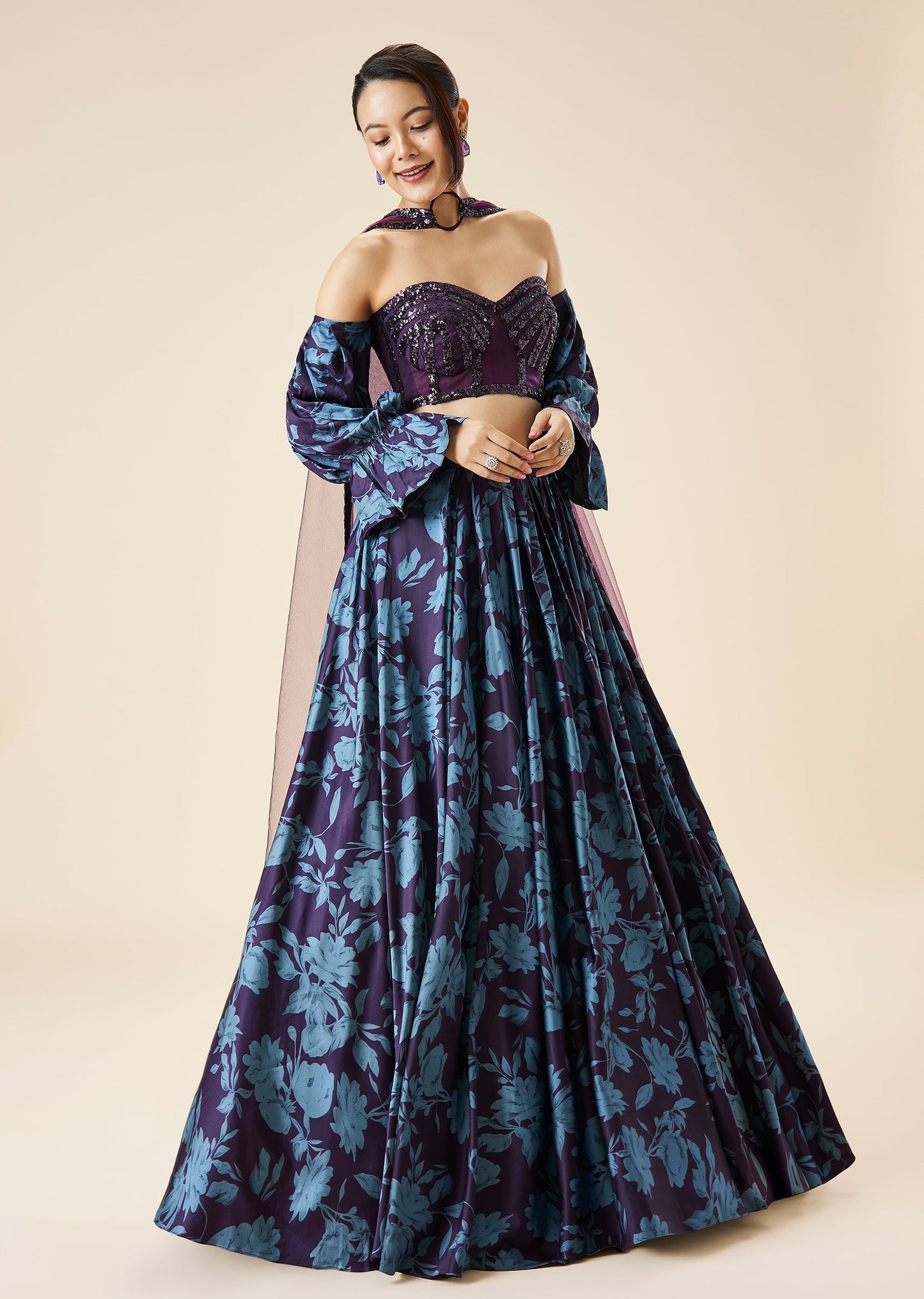 Purple Printed Fusion Lehenga Set With Tube Blouse