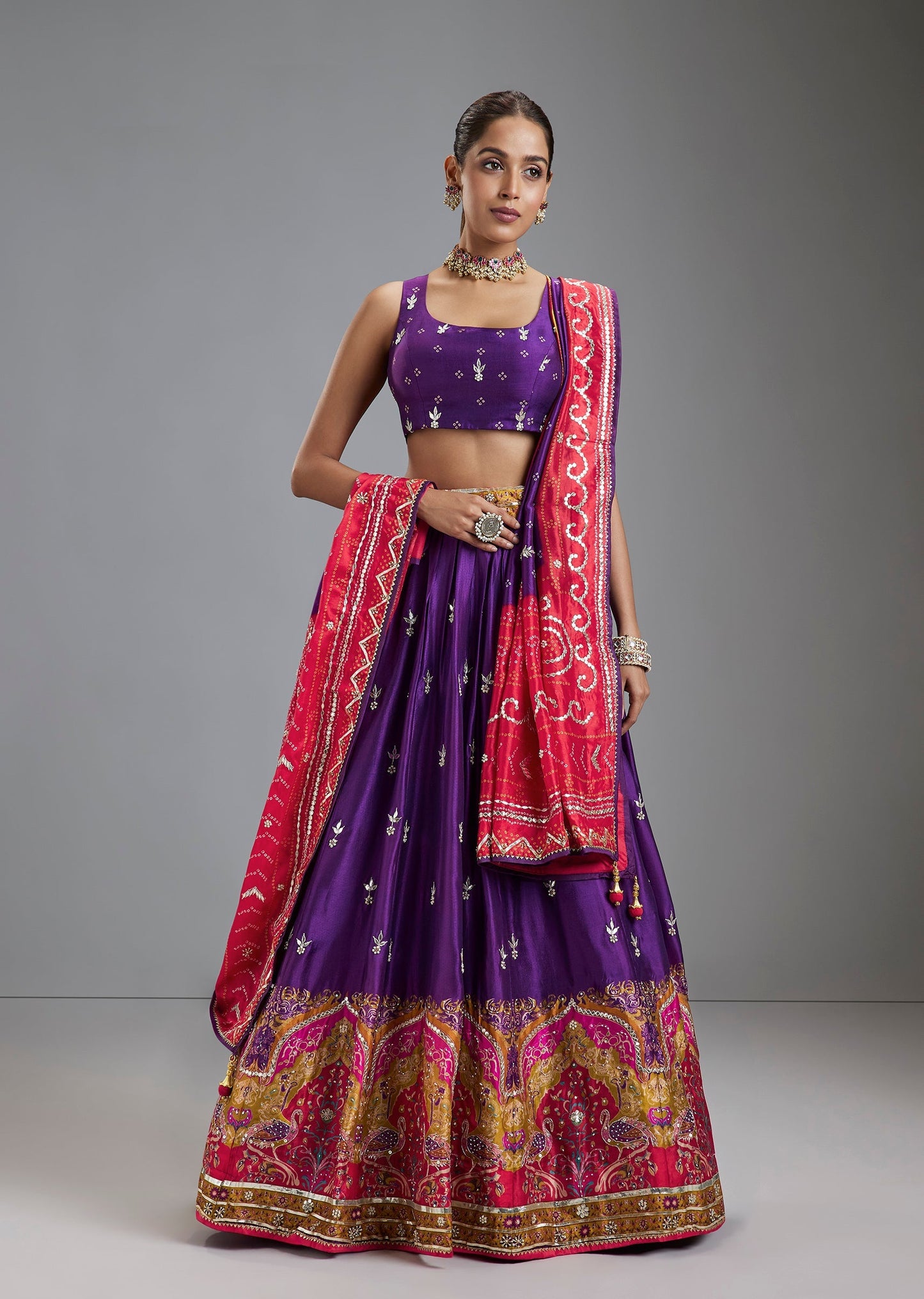 Purple Russian Silk Lehenga With Moti Gotta Butti And Printed Border