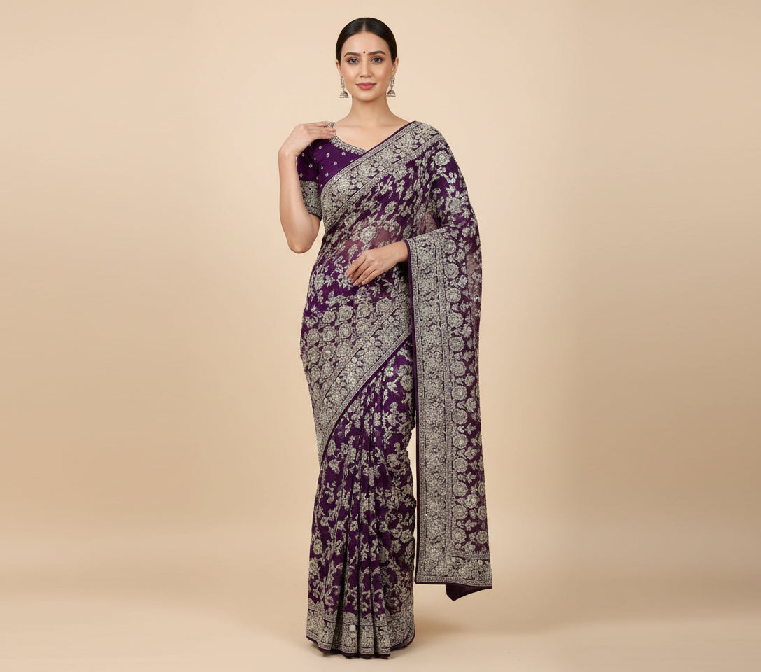 Purple Eye Catching Embroidered Saree
