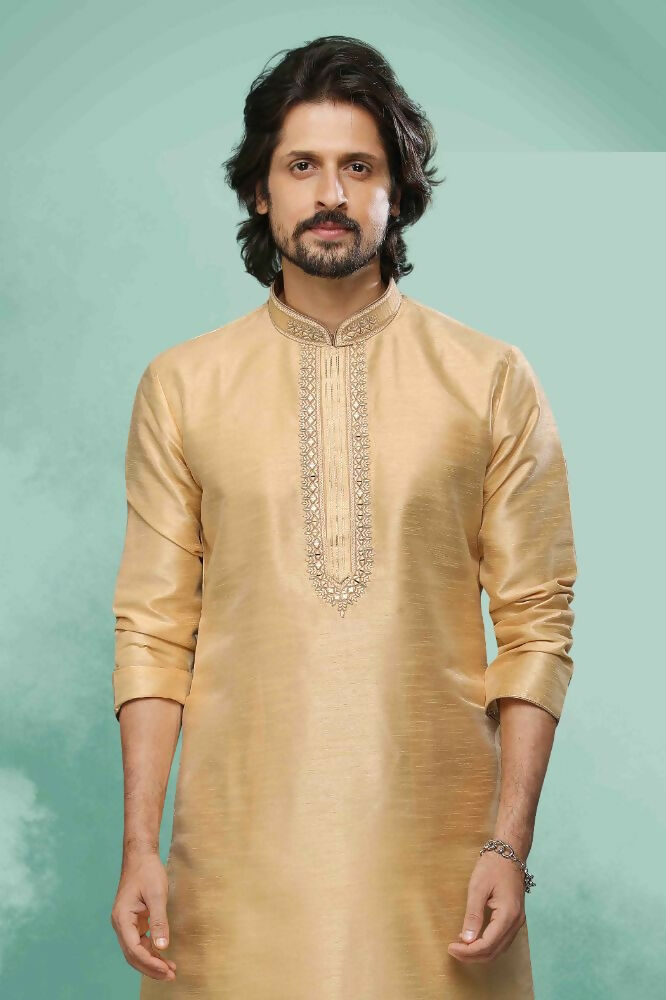 Raivat Ethnic Art Silk Mirror Embroidery Work Kurta Pajama In Beige Colour