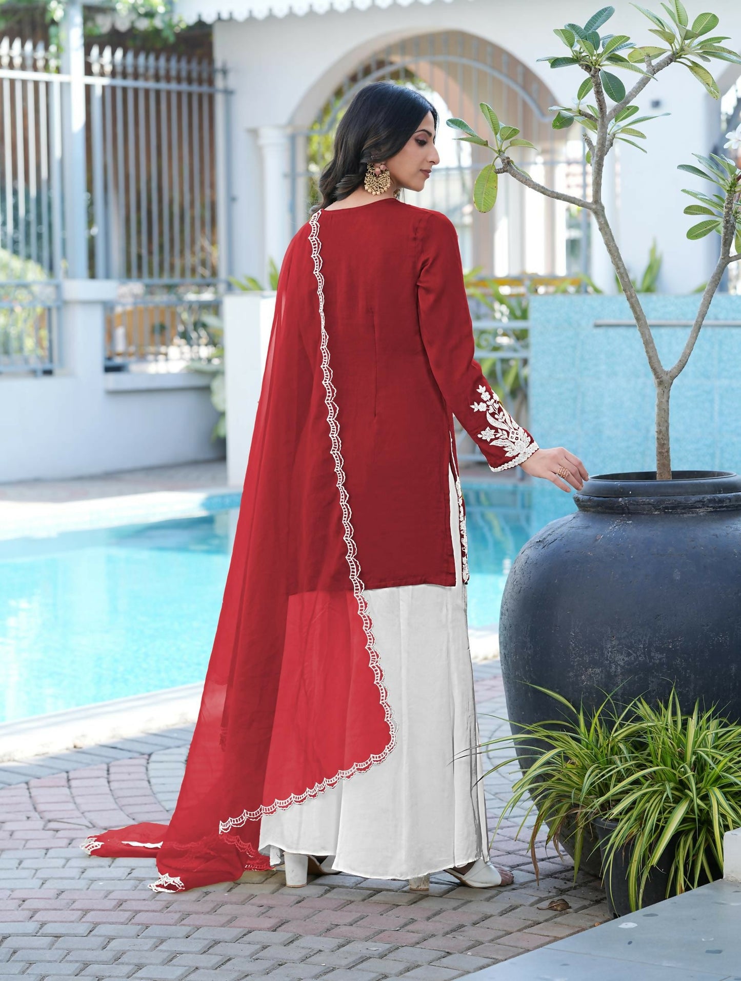 Nikhaar Maroon Embroidered Modal Silk Stitched Straight Cut Kurta Kalidar Palazzo Dupatta Readymade Suit