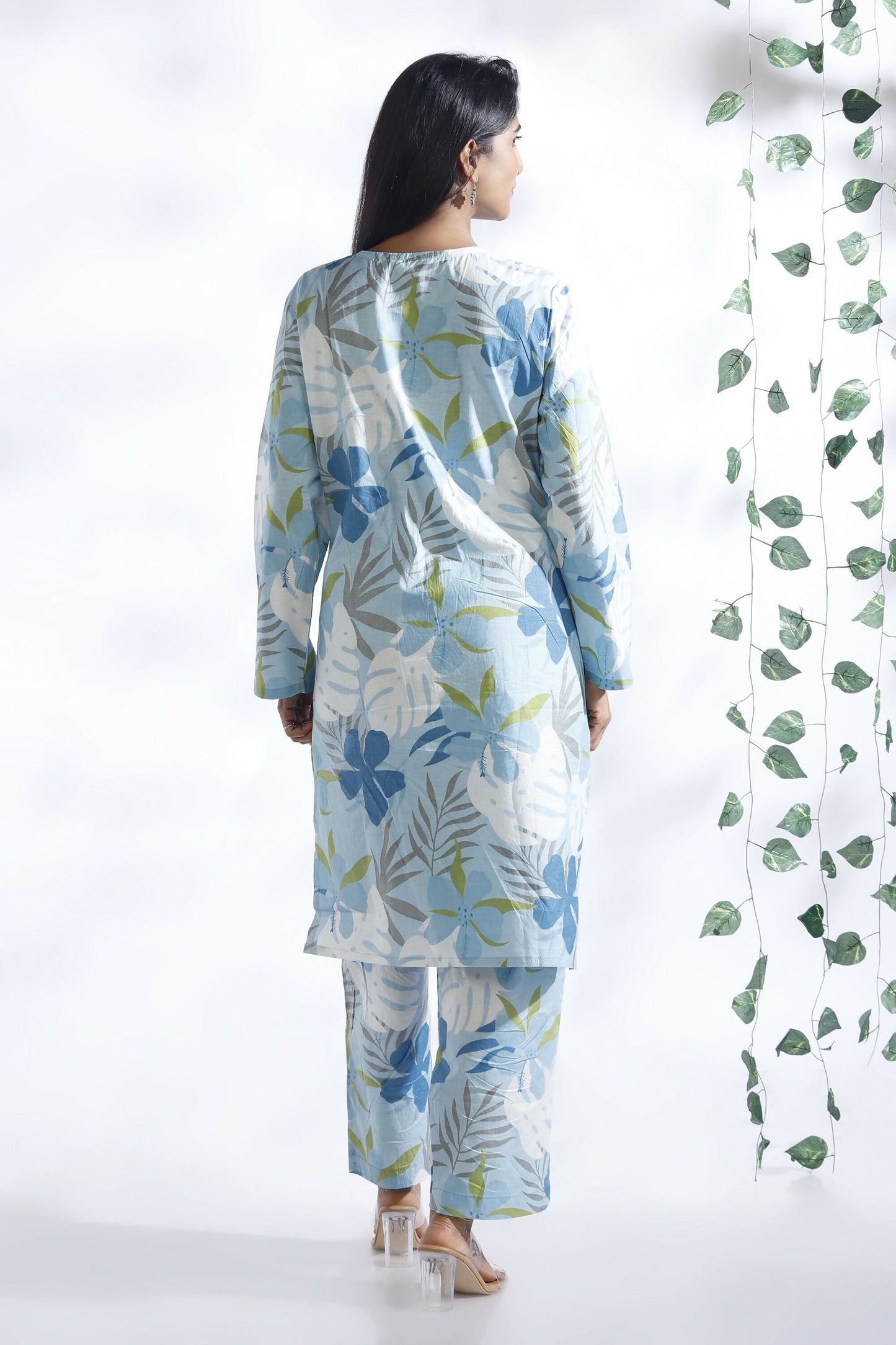 Breathables Blue Floral Print Cotton Long Kurta Co-Ord Set Cotton