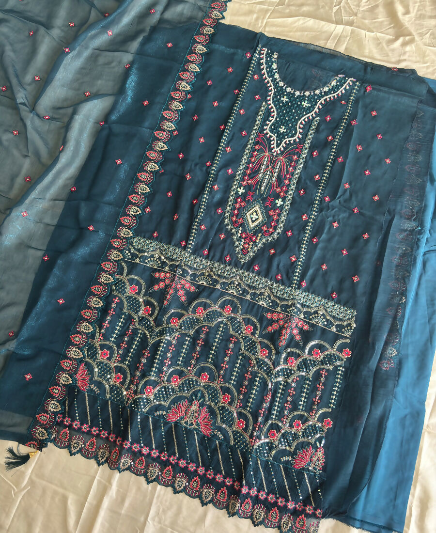 KC Teal Blue Pakistani Crunchy Silk Heavy Salwar Kameez For Women