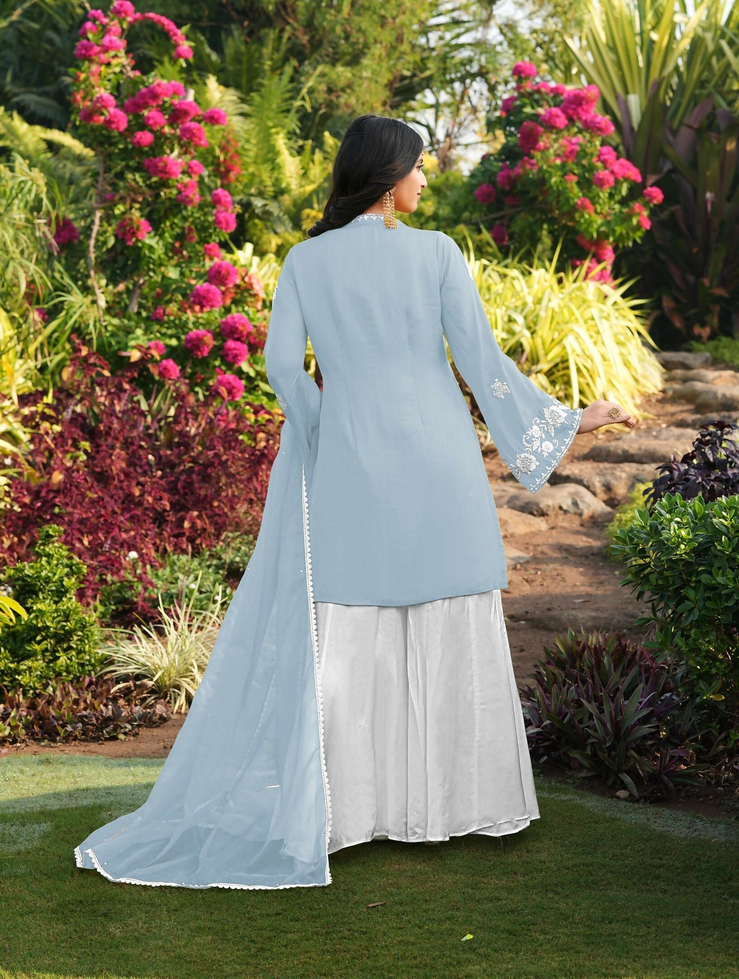 Nikhaar Light Blue Embroidered Modal Silk Stitched Straight Cut Kurta Kalidar Palazzo Dupatta Readymade Suit