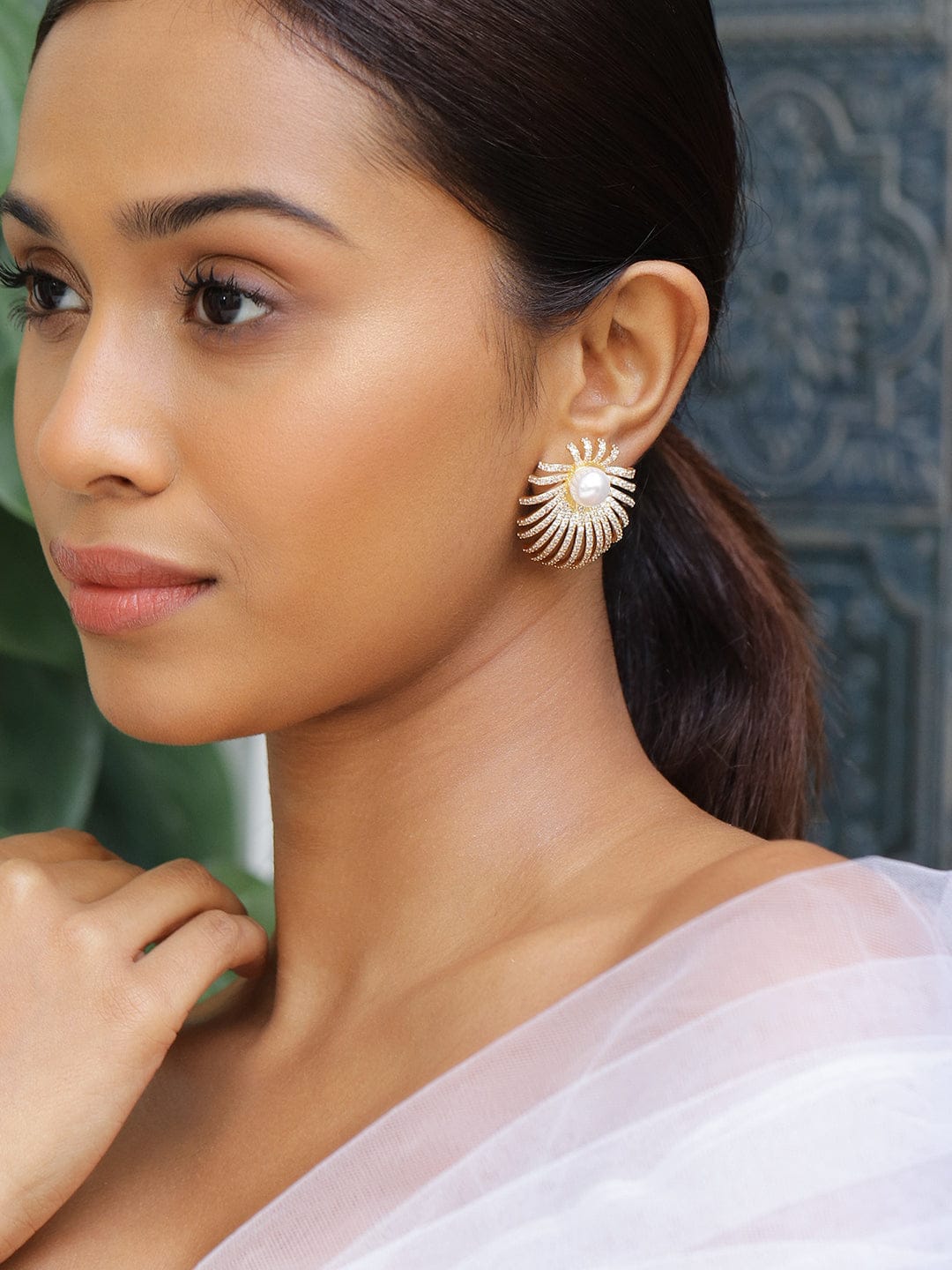 Radiant Starburst American Diamond Zirconia Pearl Studs