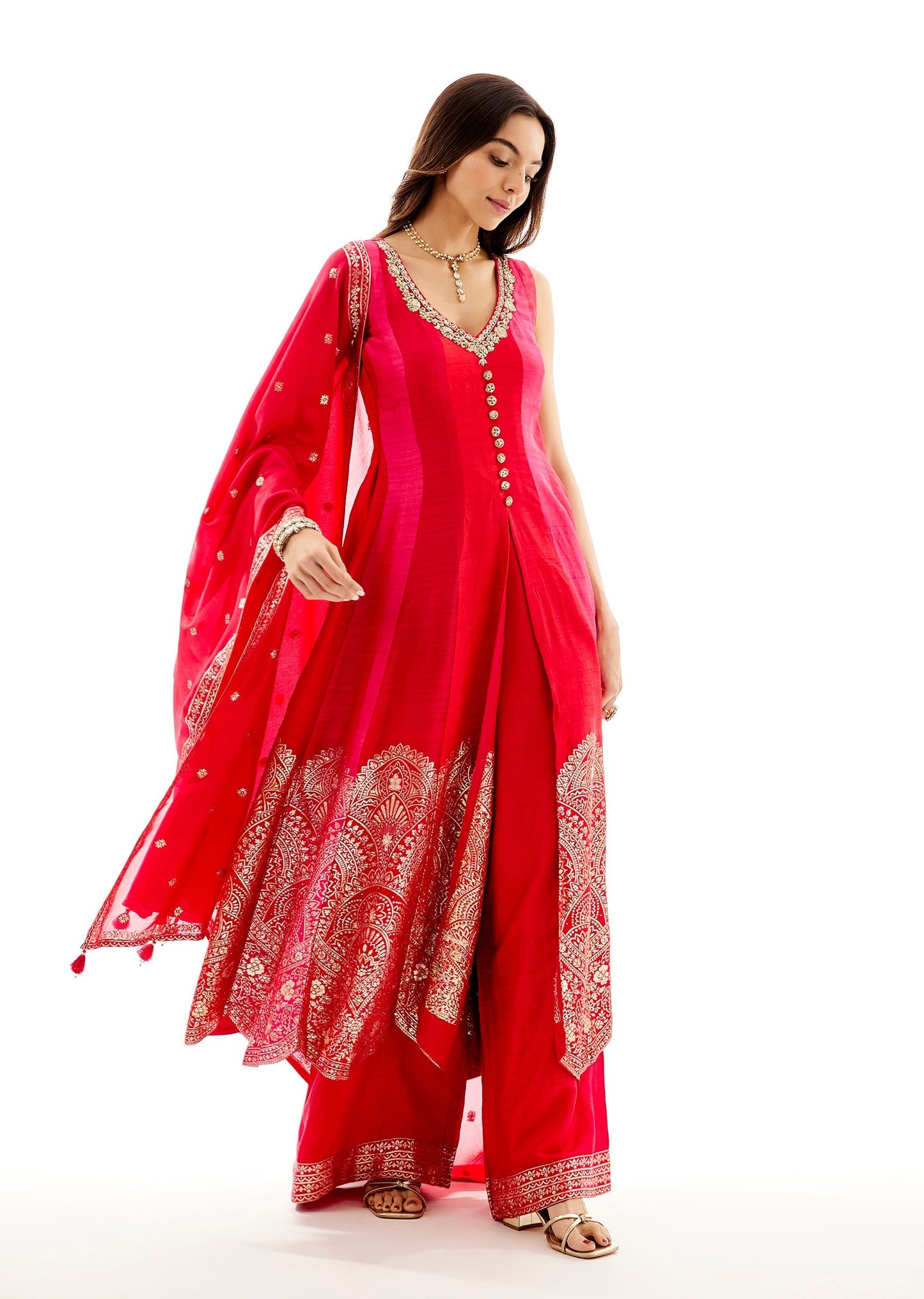 Rani Pink Banarasi Silk Anarkali And Dupatta With Zardosi Neck Work