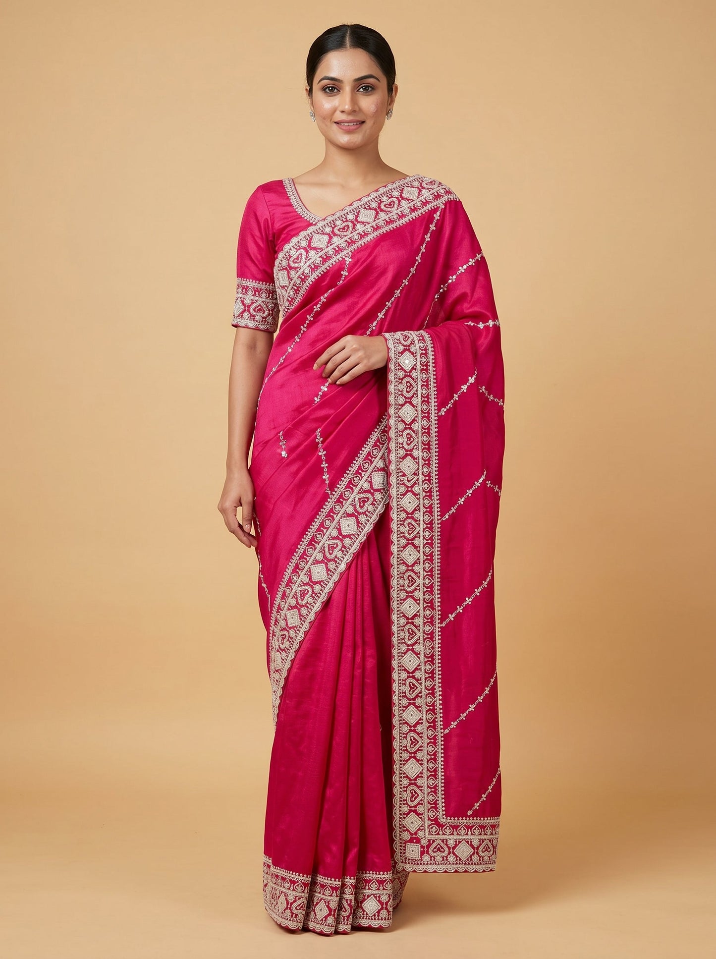 Rani Pink Celebration Shine Embroidered Saree