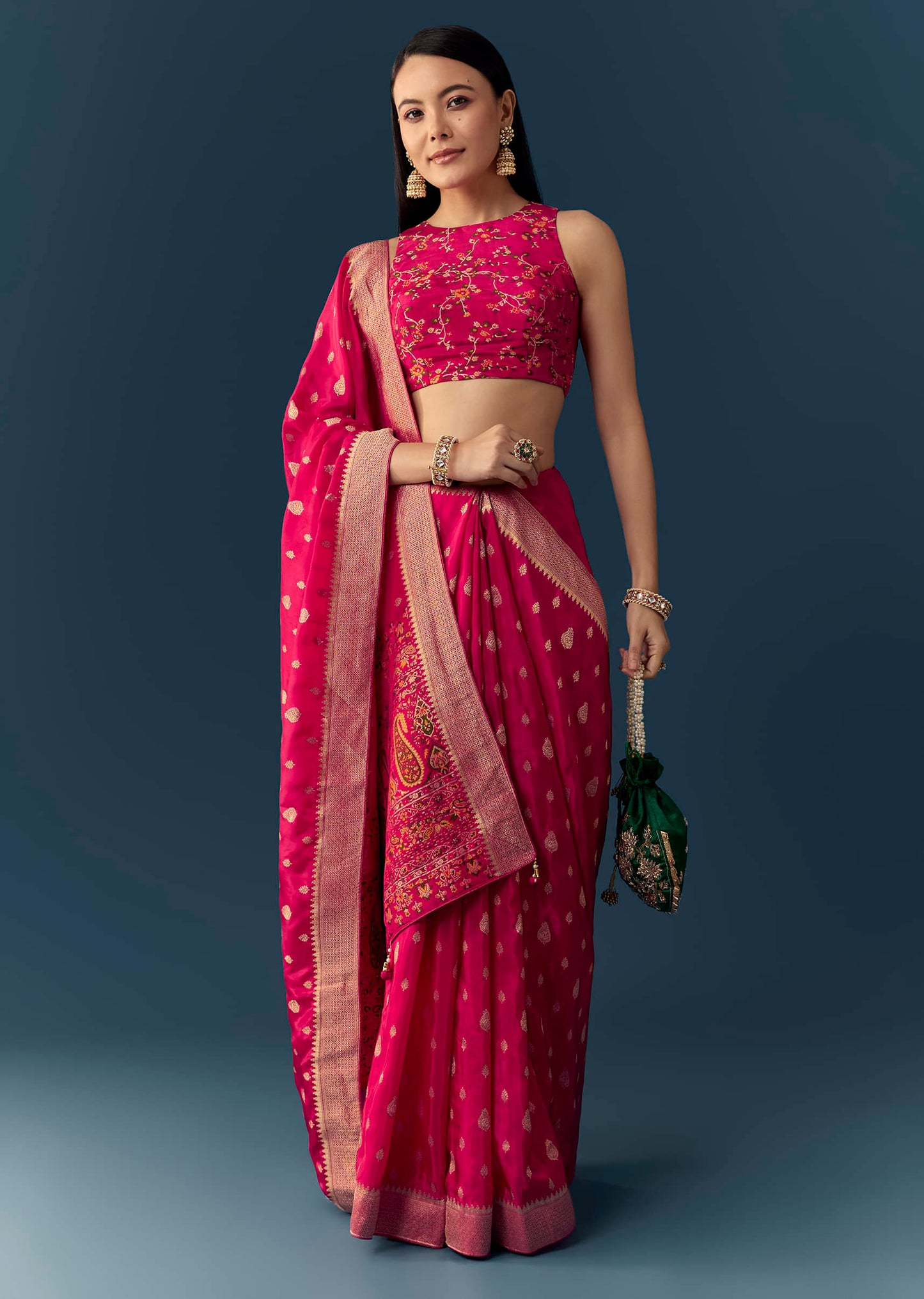 Rani Pink Dola Silk Brocade Woven Saree with Unstitched Blouse