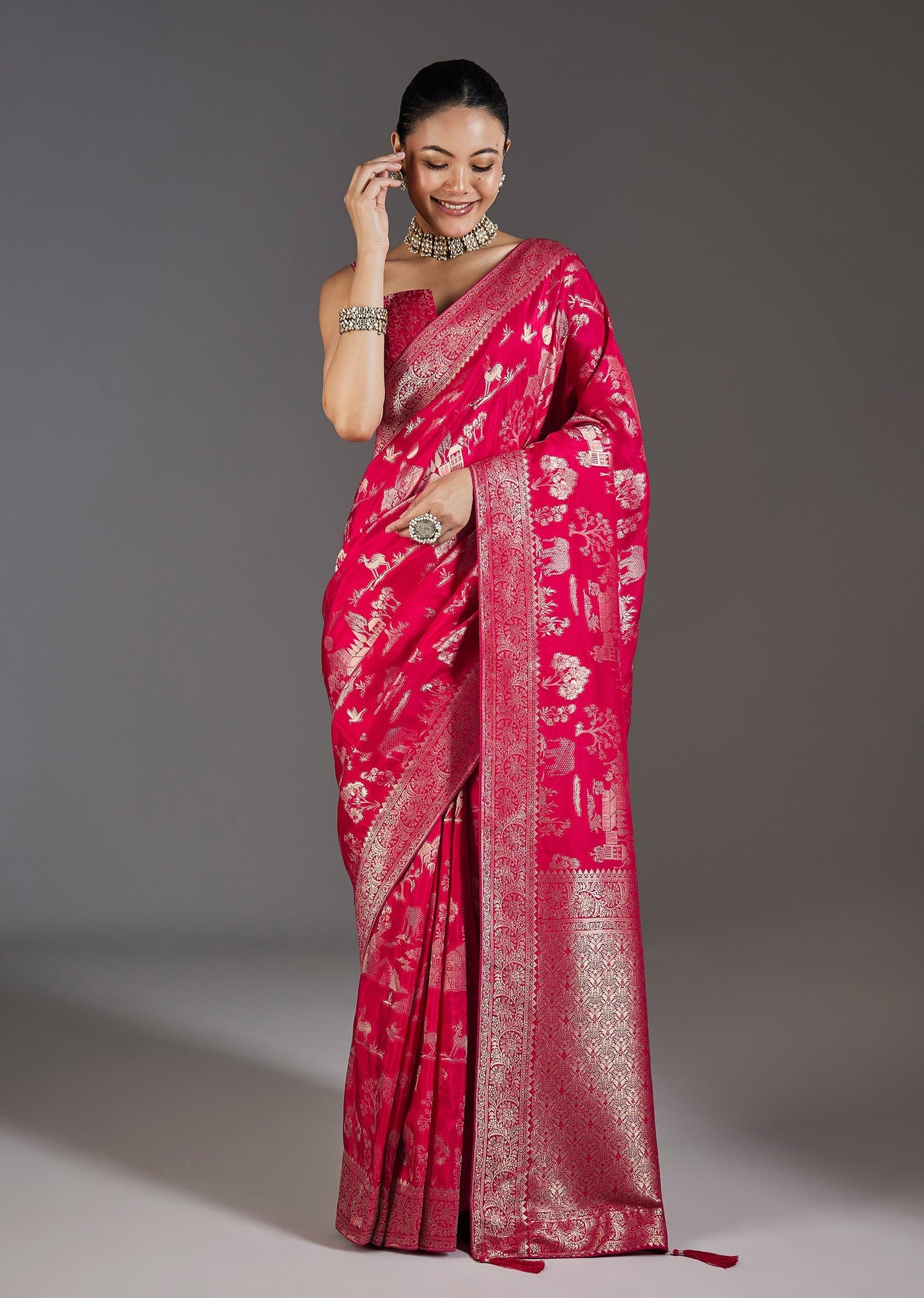 Rani Pink Dola Silk Zari Jungla Saree